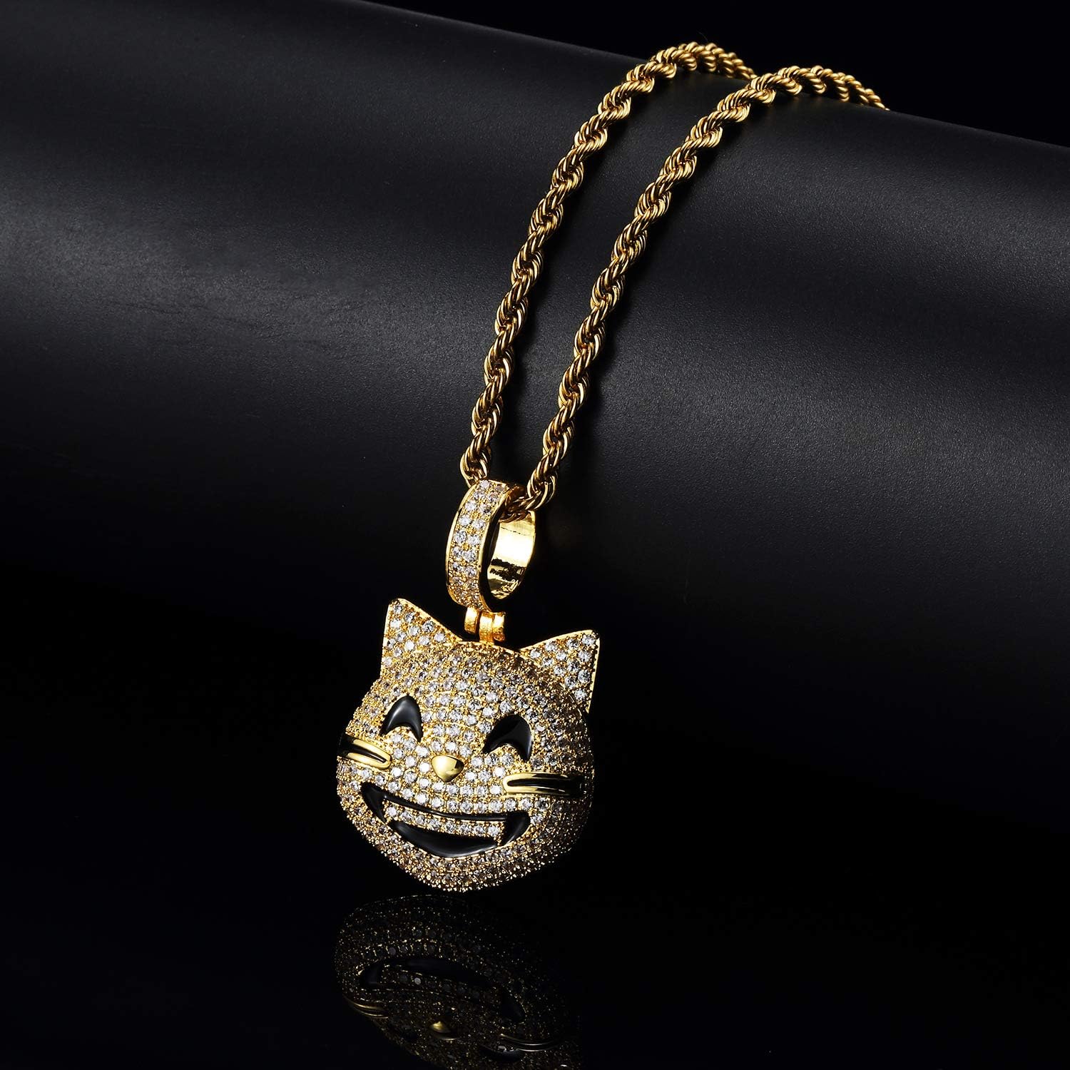 Iced Out Lucky Cat Pendant Necklace 18K Gold Plated Bling CZ Simulated Diamond Hip Hop Rapper Chain Necklace for Men Women
