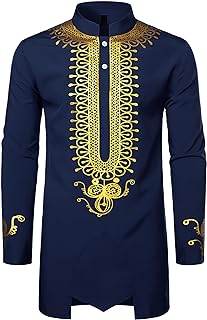 Men's Traditional African Long Sleeve Dashiki Shiny Pattern Printed Dazzling Shirt