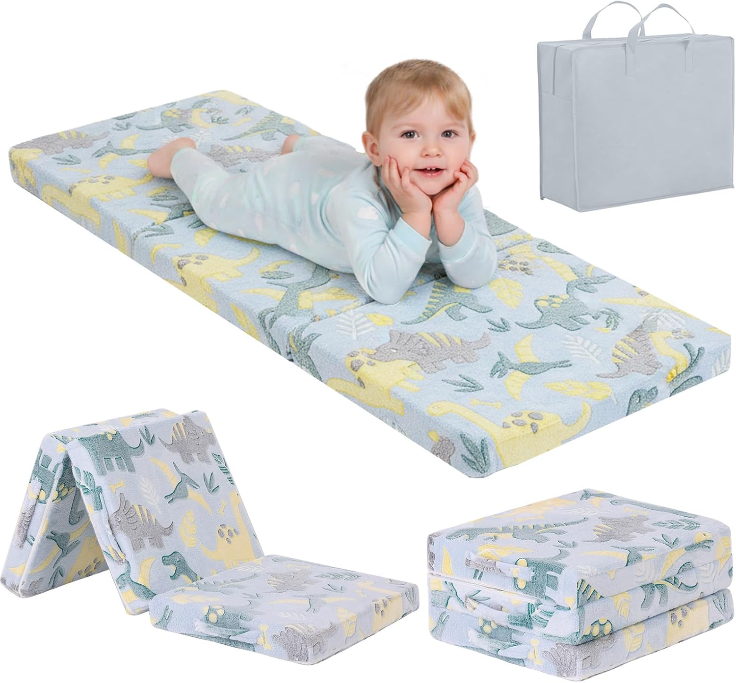 Tiita Foldable Floor Mattress for Kids-Glow in The Dark Toddler Nap Mat with Storage Bag, Portable Toddler Floor Pad for Travel, Daycare, Camping, RV, Playroom, Green Dinosaur
