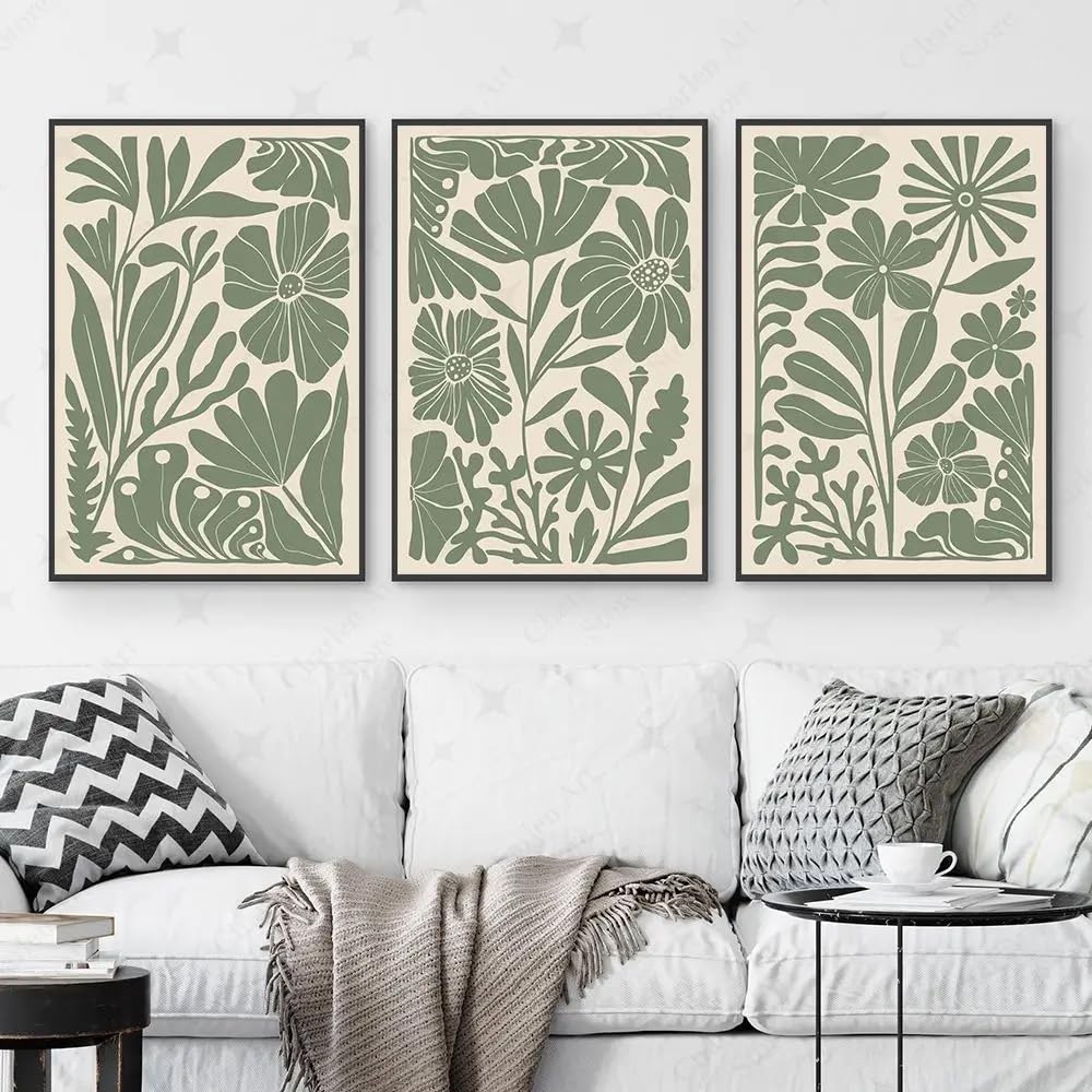 WBYZAC Wall Pictures-Green Floral Picture Modern Wall Art Canvas Painting Nordic Abstract Minimal Botanical Poster Boho Living Room Kitchen Office Home Decor-40 * 50cm*3PCS (No Frame)