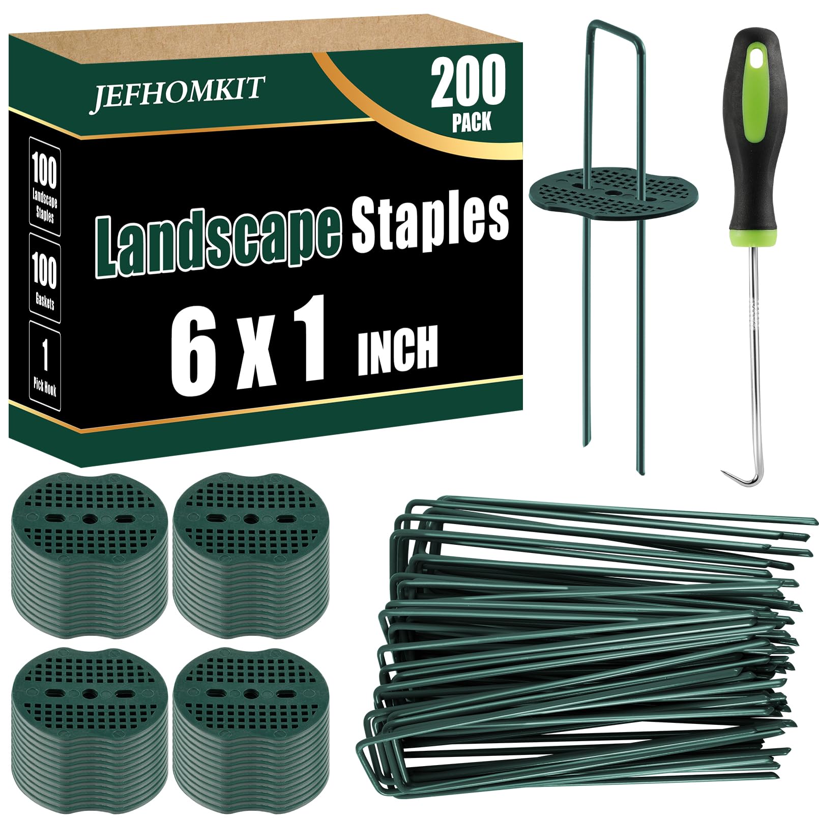 JEFHOMKIT 100Pack Green Landscape Staples and 100 Pack Buffer Washer,6 Inch 11 Gauge Galvanized Steel Garden Staples,Pick Hook Garden Stakes,Heavy Duty Yard Stakes for Weed Barrier Fabric,Ground Cover