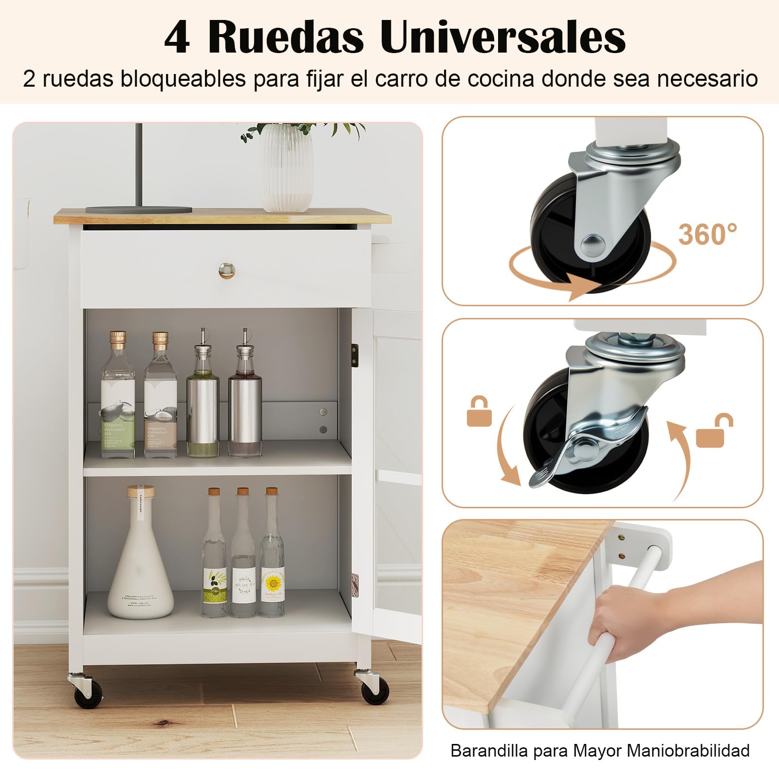 COSTWAY Carrito de Cocina, Isla de Cocina con 4 Ruedas, Tablero de Madera de Caucho, Cajón, Toallero, Estante Ajustable de 3 Niveles, Puerta de Vidrio Templado, Carro de Servicio para Comedor