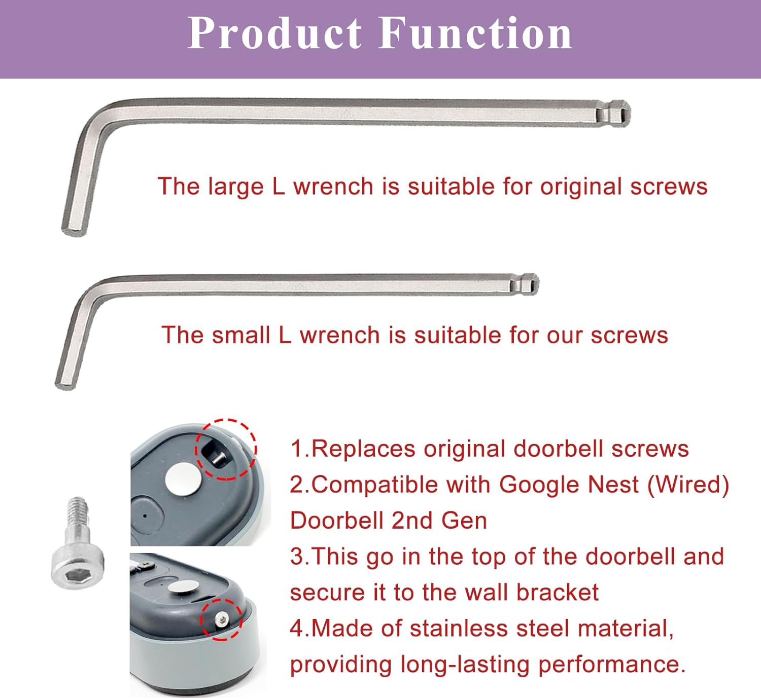 Screwdriver Replacements and Security Mounting Screws Compatible with Google Nest Doorbell (Wired,3rd Gen)/(Wired, 2nd Gen),L Shape Screwdriver Doorbell Key Tool Easy to Intall, 4 Pack