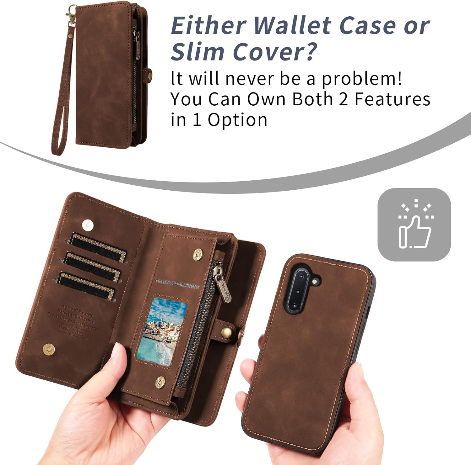 Asuwish Phone Case for Samsung Galaxy Note 10 5G Zipper Wallet Detachable Cell Cover with Tempered Glass Screen Protector Crossbody Strap Flip Card Holder Slot Note10 Notes 10s Ten Not S10 Women Brown