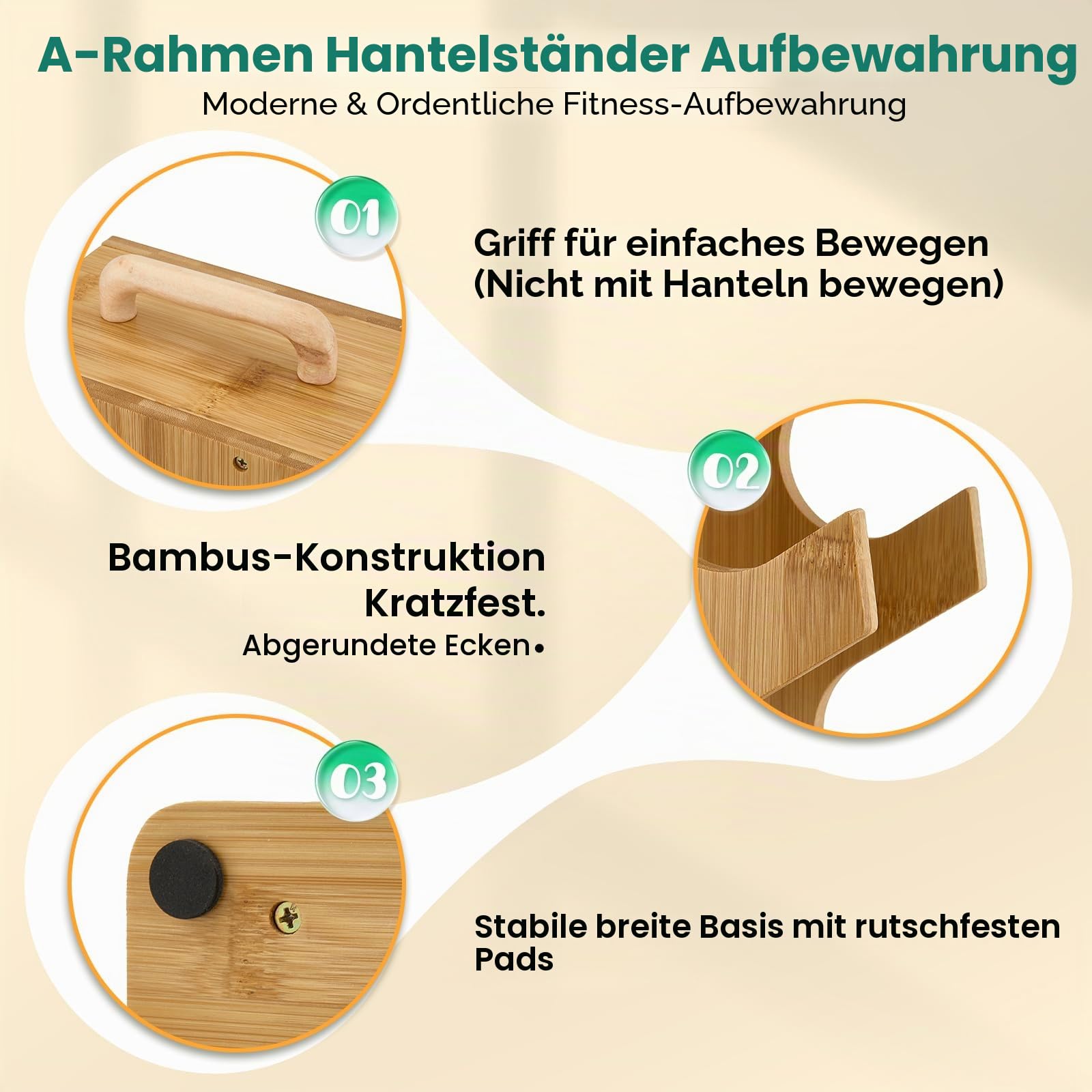 Holz-Hantelständer A-Rahmen–Gewichtsregal mit 4 Ebenen für 3–7 kg Hanteln, Platzsparender Trainingsständer mit Tragegriff & Anti-Rutsch-Füßen, Robustes Fitness-Organizer für Home Gym (Hanteln separat)