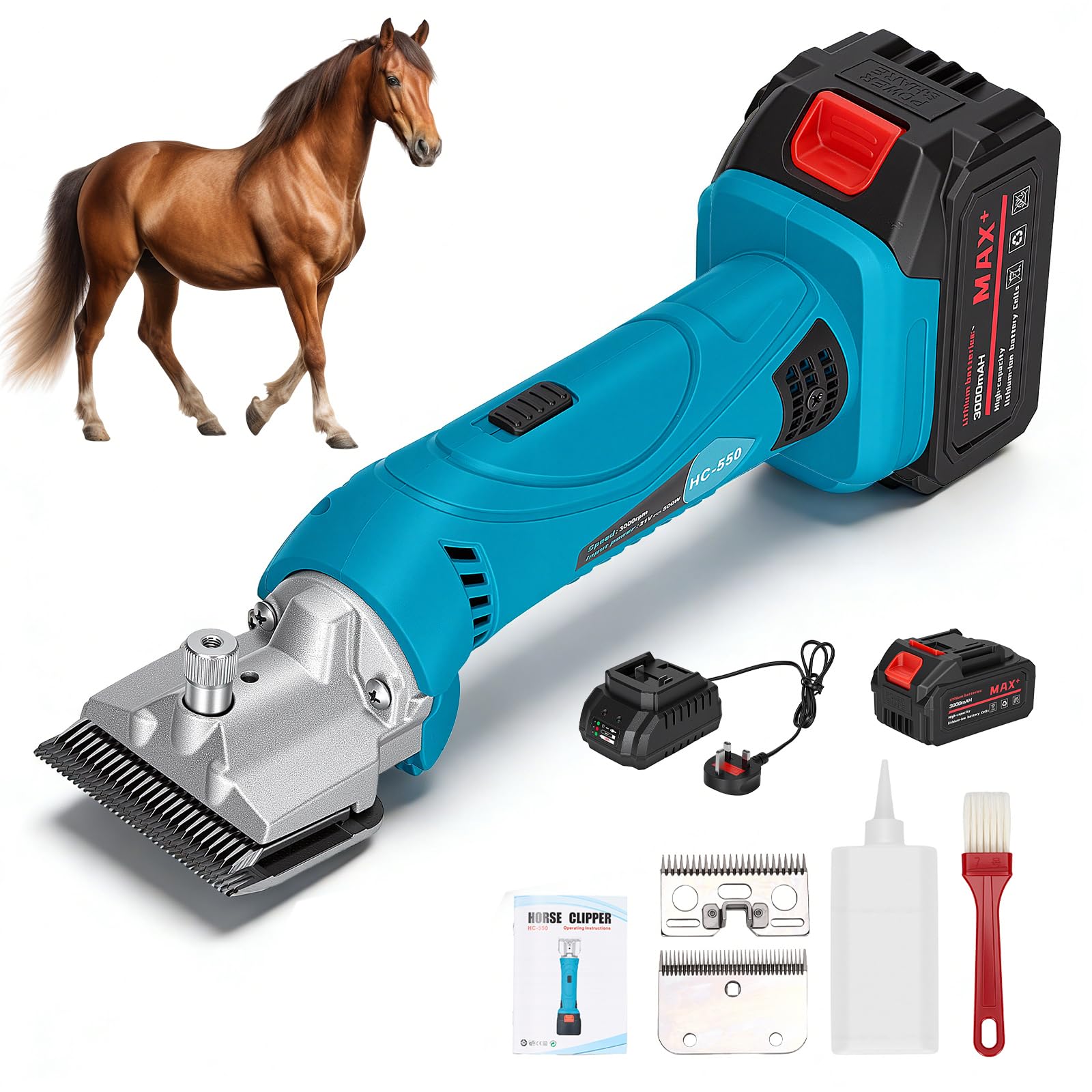 Cordless Horse Clippers, Professional Grooming Electric Clippers Compatible with Makita 18V Battery, 6 Speeds Adjustable Horse Grooming Kit for Pet & Livestock Coats, Low Vibration Shearing Machine