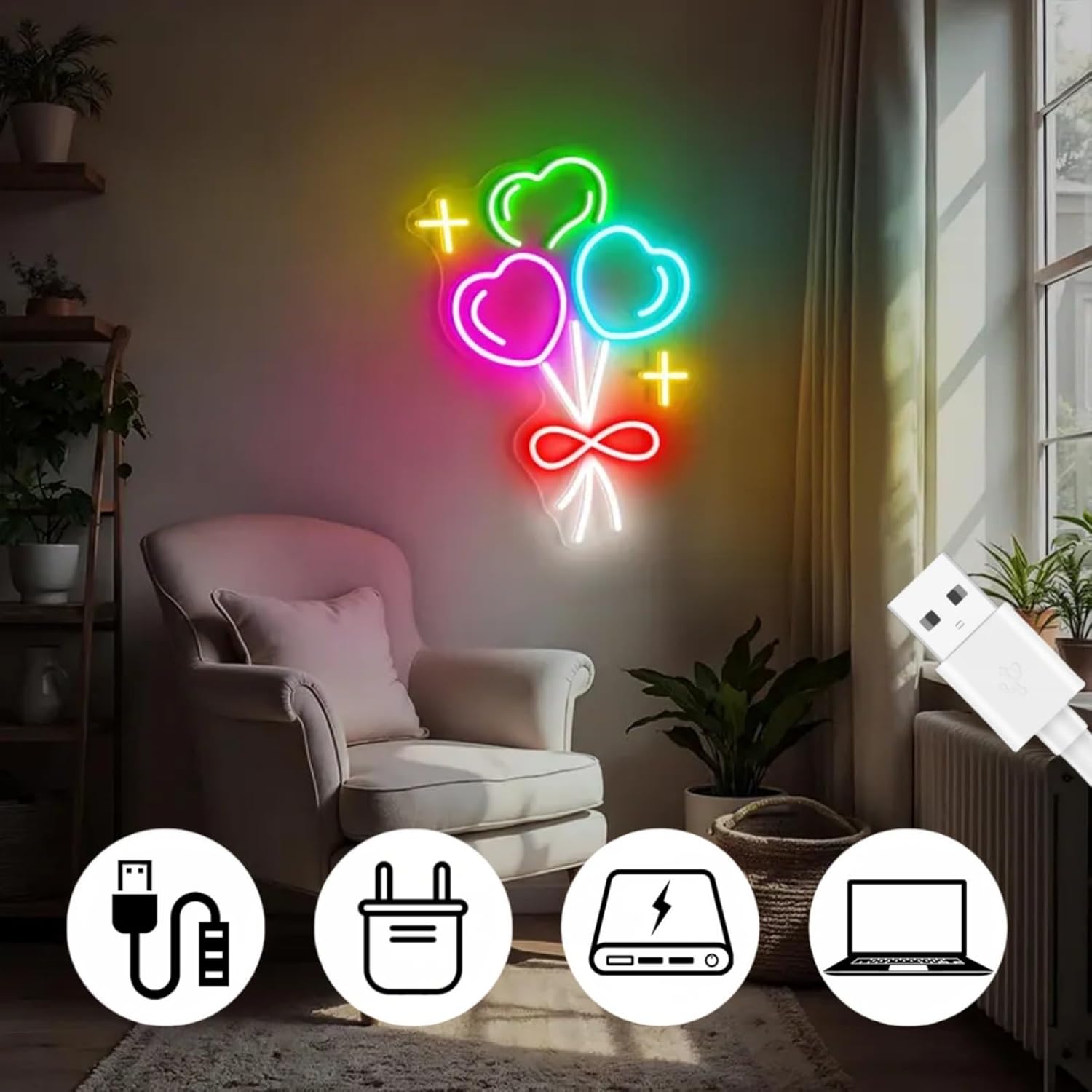 Heart Balloon Bouquet Neon Sign Triple Heart Neon Signs Bedroom Decor Valentines Gifts for Girlfriend,Bedroom Aesthetic Dimmable Night Light, Wedding Engagement Birthday Christmas Party