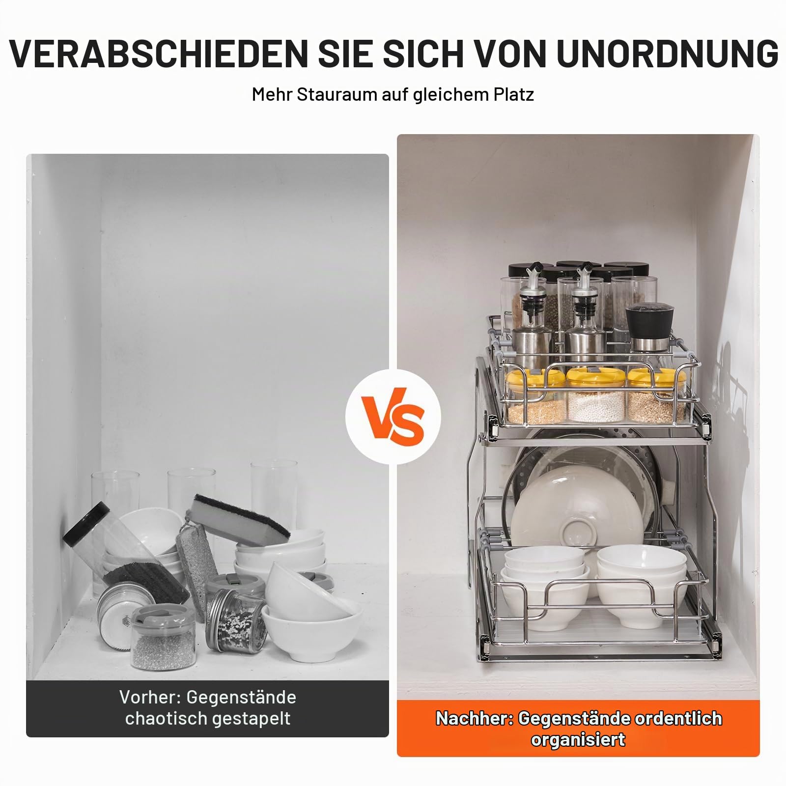 VEVOR Ausziehbarer Spülschrank-Organizer mit 2 Ebenen unter Waschbecken (304x533x385 mm) Gewürzregal Küchenregal Lagerregal Organizer für Küche Badezimmer 334x563x485 mm (Einbaumaß)