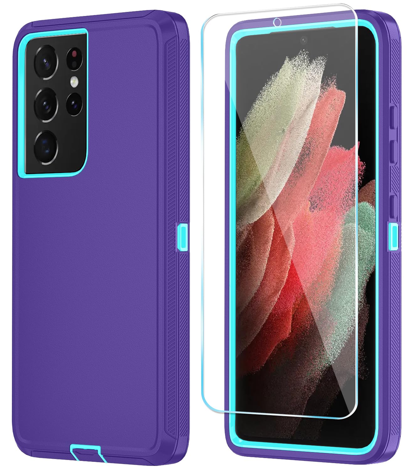 ONOLA Phone Case for Samsung Galaxy S21 Ultra Case with HD Screen Protector, Heavy Duty Shockproof & Dropproof 3-Layer Cover Phone Case for Galaxy S21 Ultra 6.8'',PurpleSkyblue Galaxy S21 Ultra (6.8 inch) PurpleSkyblue