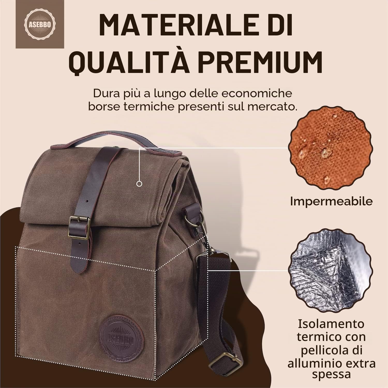 ASEBBO Borsa Termica in Tela, 10 L con Tracolla per Adulti | Tela cerata, Tracolla regolabile 150 cm, Doppi manici in pelle, Antiperdita, Isolamento oltre 4 ore, Marrone