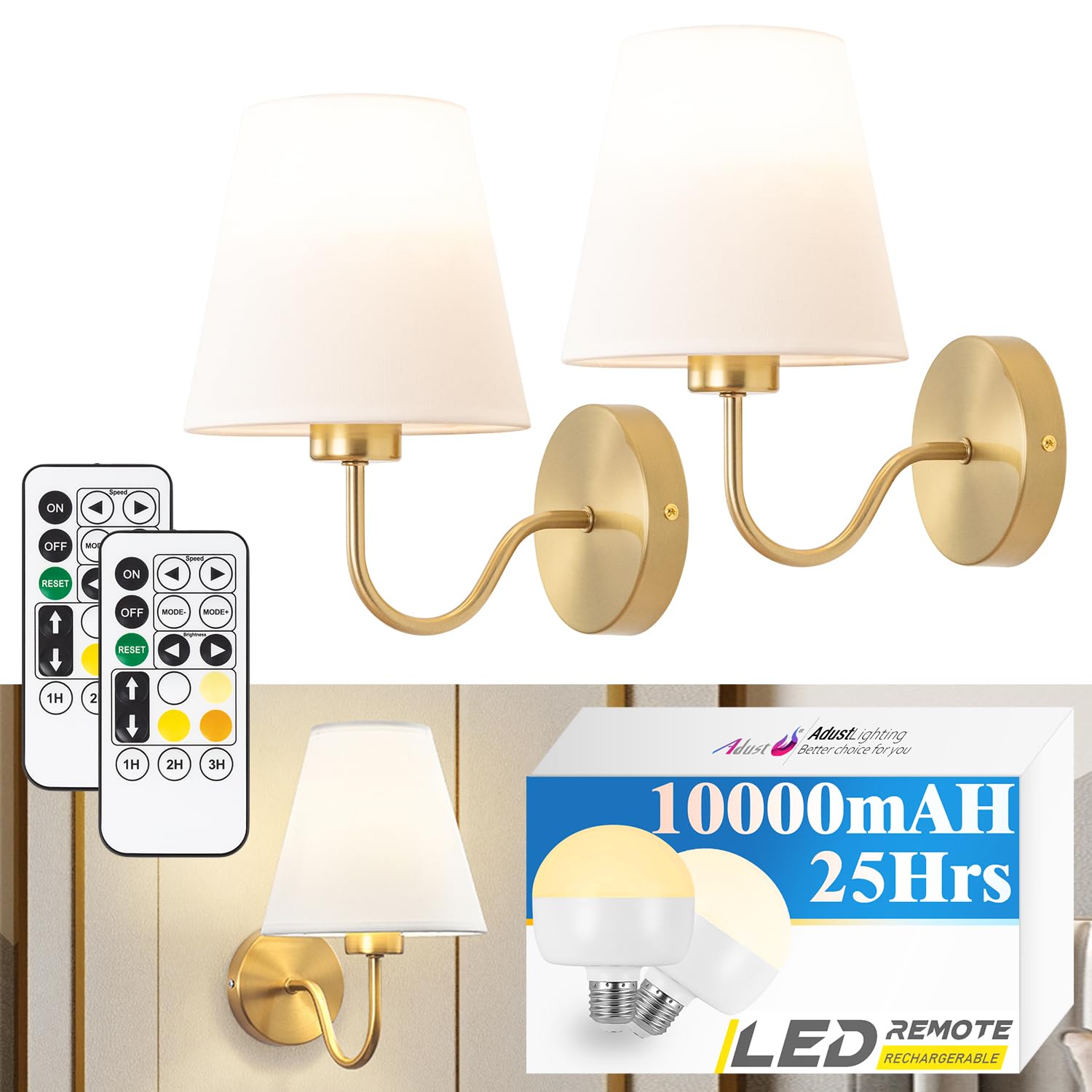 Adust 10000 mAh Battery Operated Wall Sconce Light Set of Two, Brass Wall Sconce Remote Control Dimmable Rechargeable LED Bulb, 25-60 Hours Battery Life, 16 Color Temps LED for Bedroom Living Room