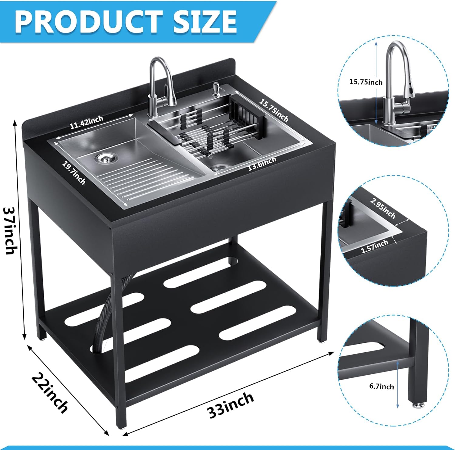 40'' Stainless Steel Utility Sink, Free Stand Commercial Kitchen Single Bowl Sink with Pull-Out Cold & Hot Faucet, Utility Sink for Laundry Room, Kitchen, Bathroom, Hoses & Drain Kit (Style B, Silver)