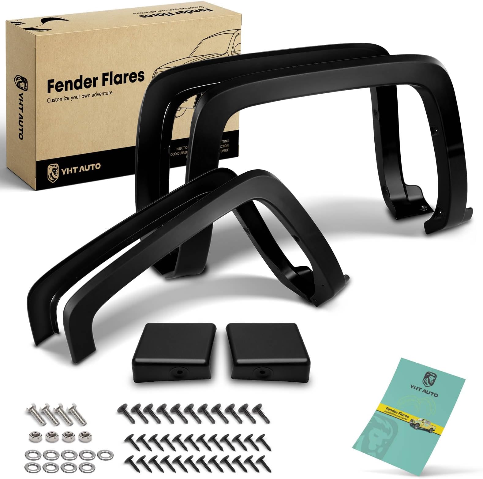 YHTAUTO OE Factory Style Fender Flares w/Hardware Kit Replacement for Chevy Silverado 1500 2014-2018, Silverado 2500 HD/3500 HD 2015-2019, Not for Dually Models, Black Flare Set of 4, Front & Rear