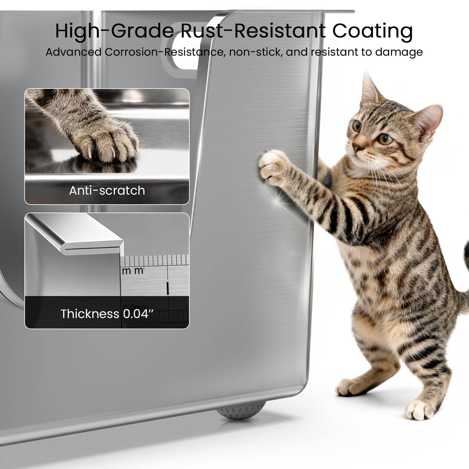 Stainless Steel Cat Litter Box 11.8” High Sides, Large Metal Litter Box with Low Entry for Big Cats, Leak-Proof Pet Toilet Kitty Litter Pan with Wheels for Mobility, Easy to Clean & Non-Stick - image 5