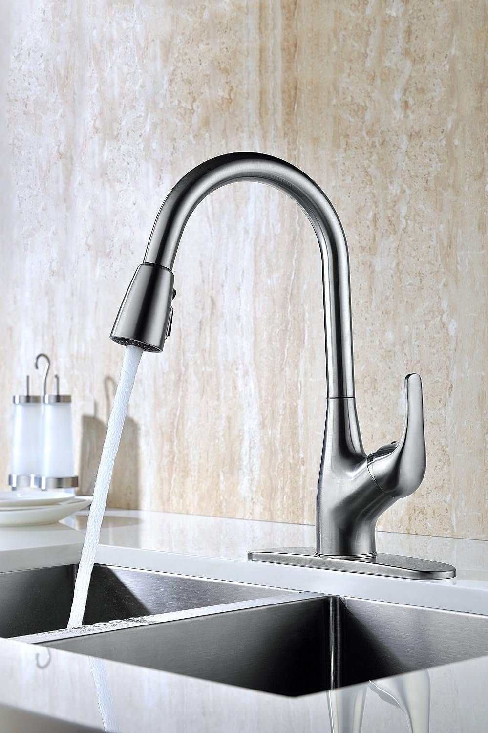 Purelux Tulip Kitchen Sink Faucet with Pull Down Sprayer Deck Plate Single Handle Control, Brushed Nickel Pull Out High Arc Design