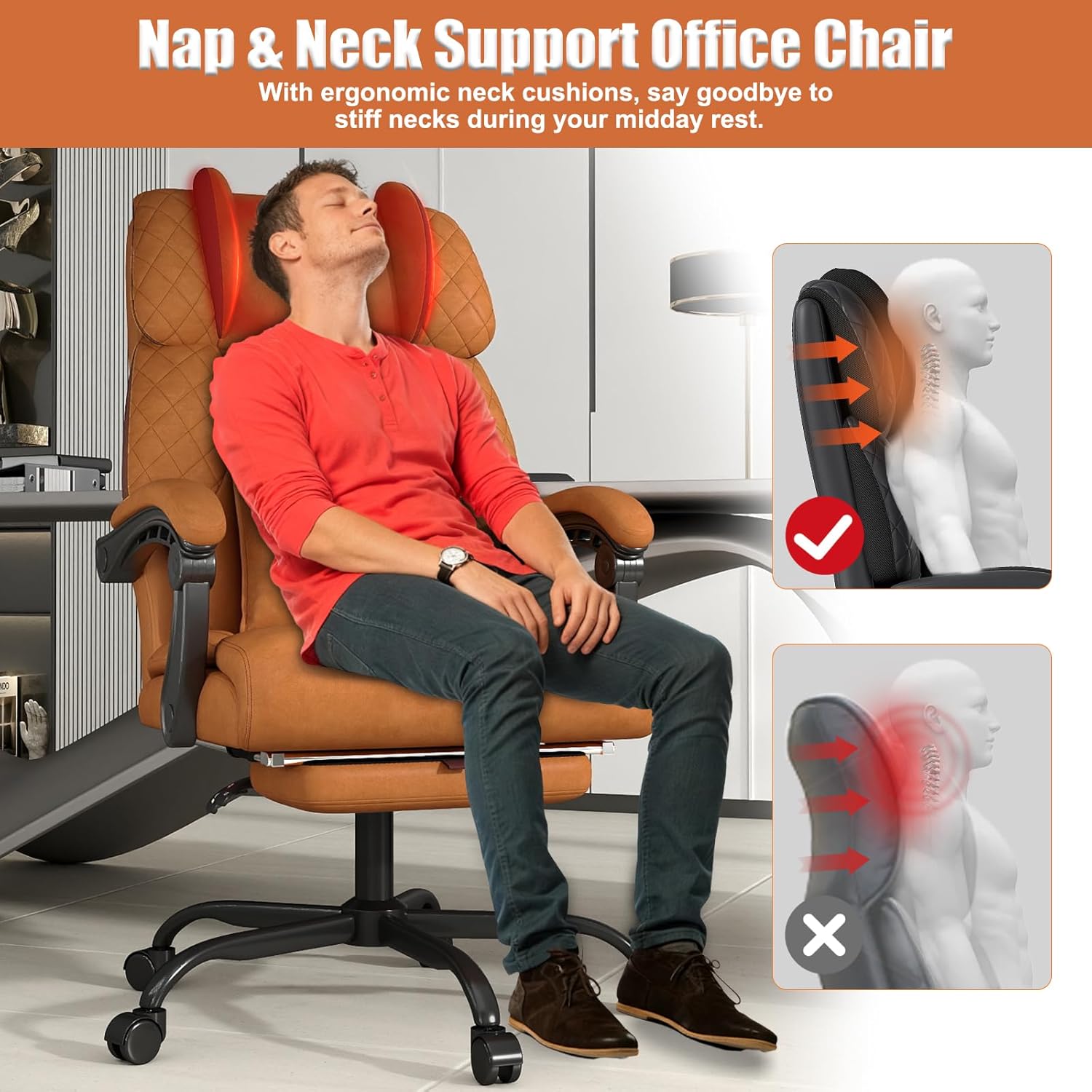 Ergonomic Office Chair with Footrest, 400lbs High Back Executive Home Office Computer Chair with Unique Ear-Shape Headrest for Neck Support,Brown Leather Office Chairs for Home Office Work - Image 7