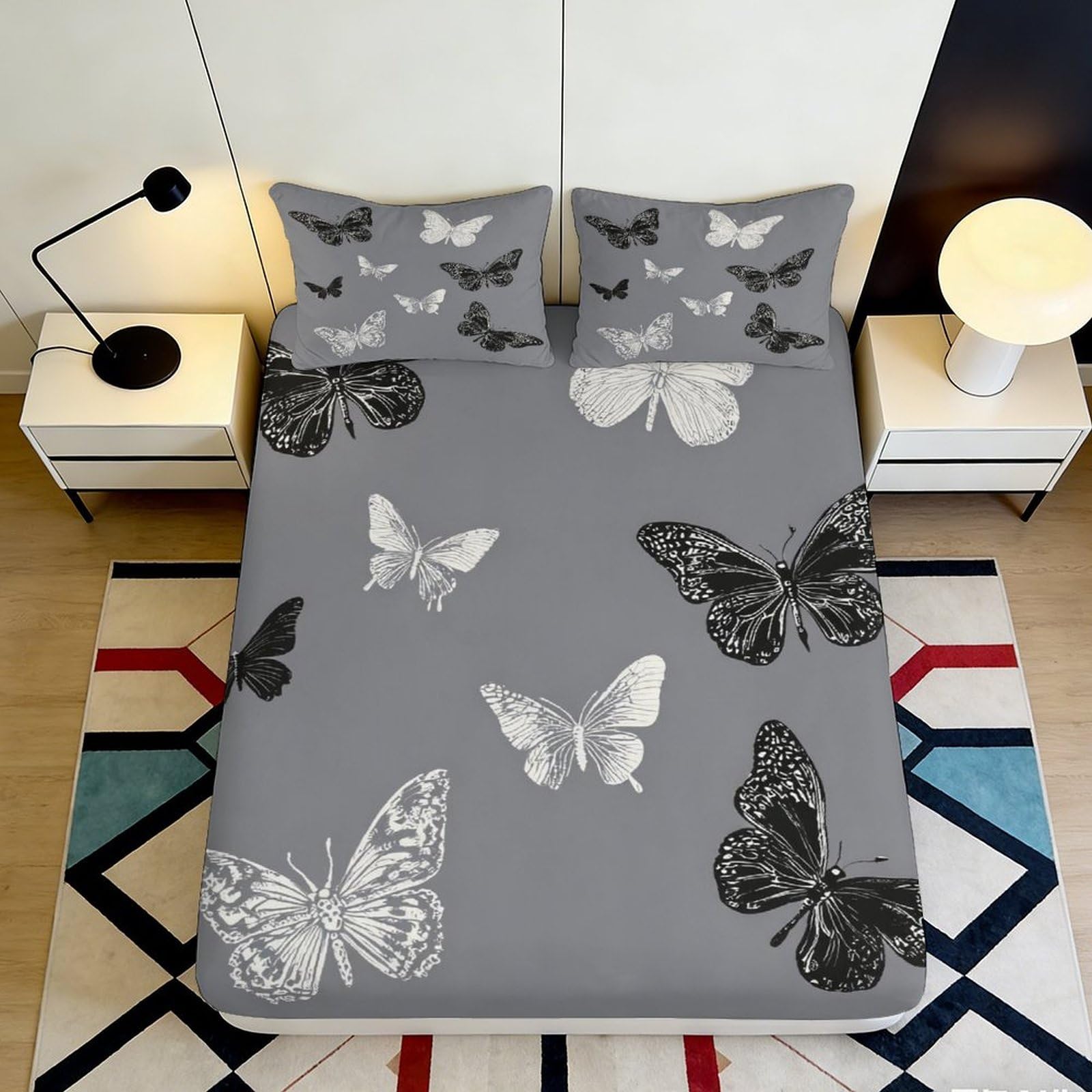 3D Printed Butterfly Fitted Sheet Microfiber Soft Grey Black Bedroom Decor Mattress Cover for Adults Teens 90x200x25cm