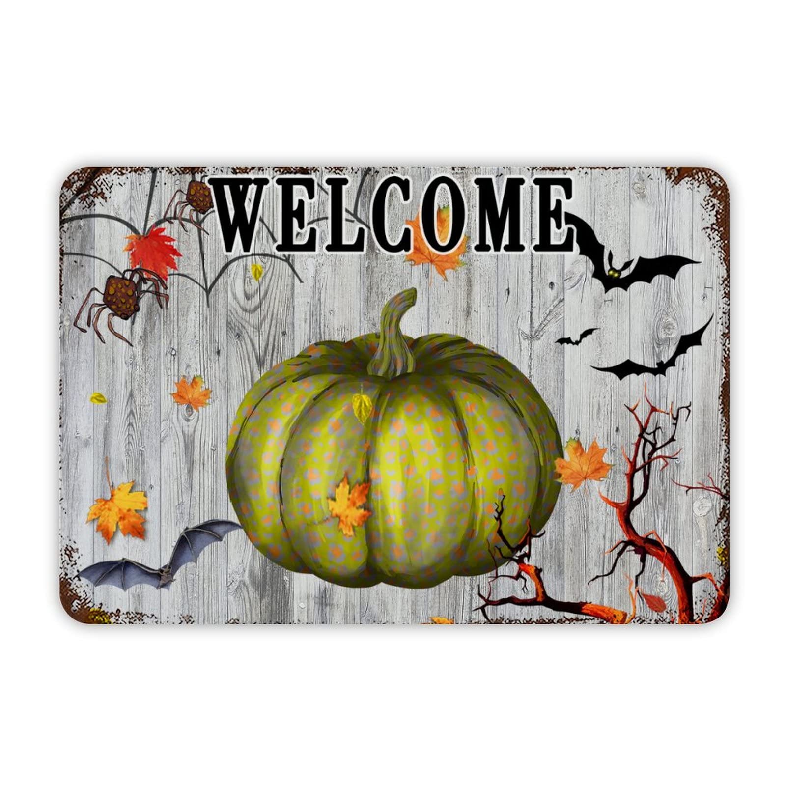 ENEDNATE Welcome Halloween Pumpkin Bat Ghost Spiders Aluminum Tin Sign 8x12 Inch Waterproof Vintage Metal Sign for School Office Classroom Gate Garage Garden Home Wall Decoration Housewarming Gifts