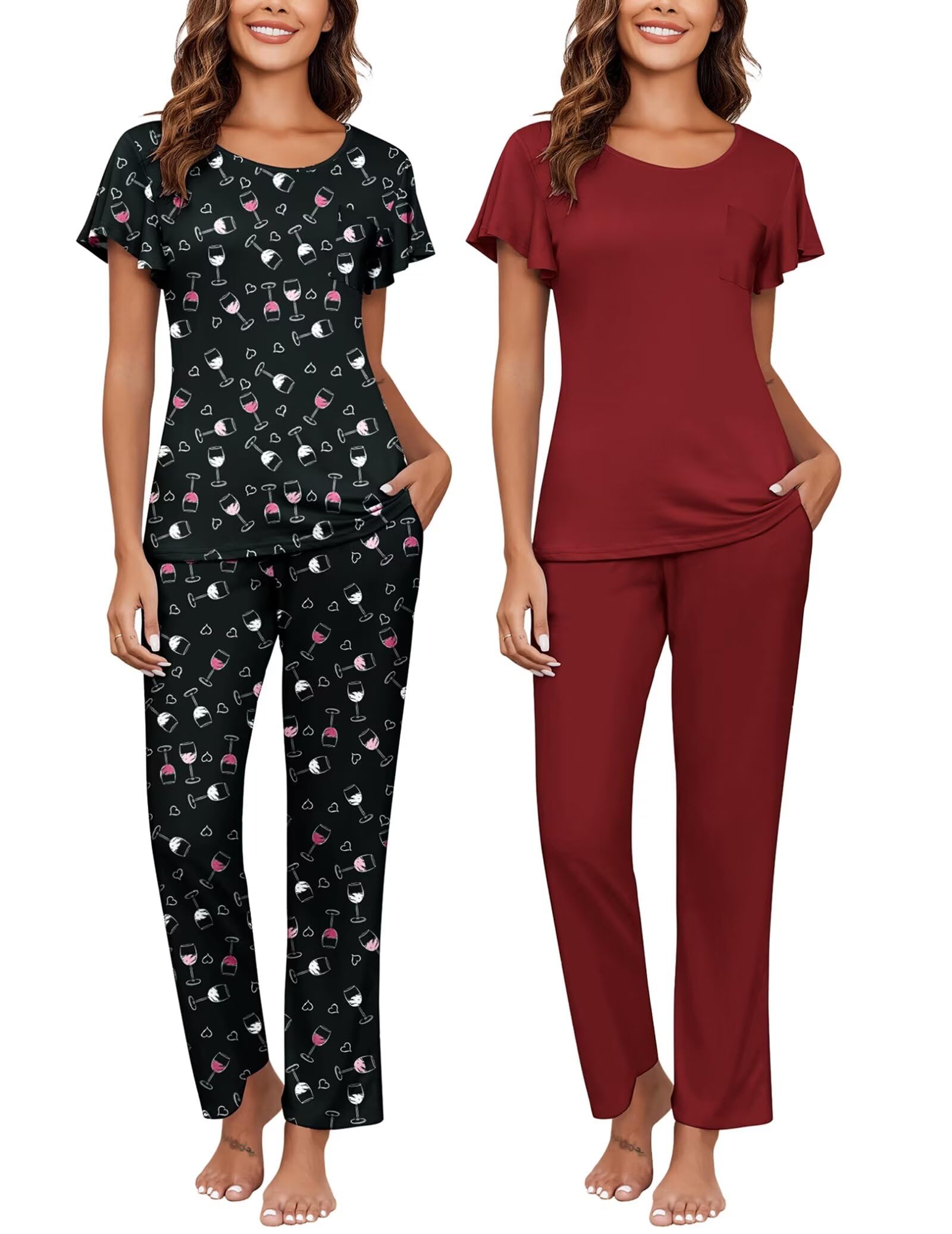 Ekouaer 2 Pack Womens Pajama Sets Short Sleeve with Long Pajama Pant Set Soft Sleepwear Printed Pj Lounge Sets with Pockets