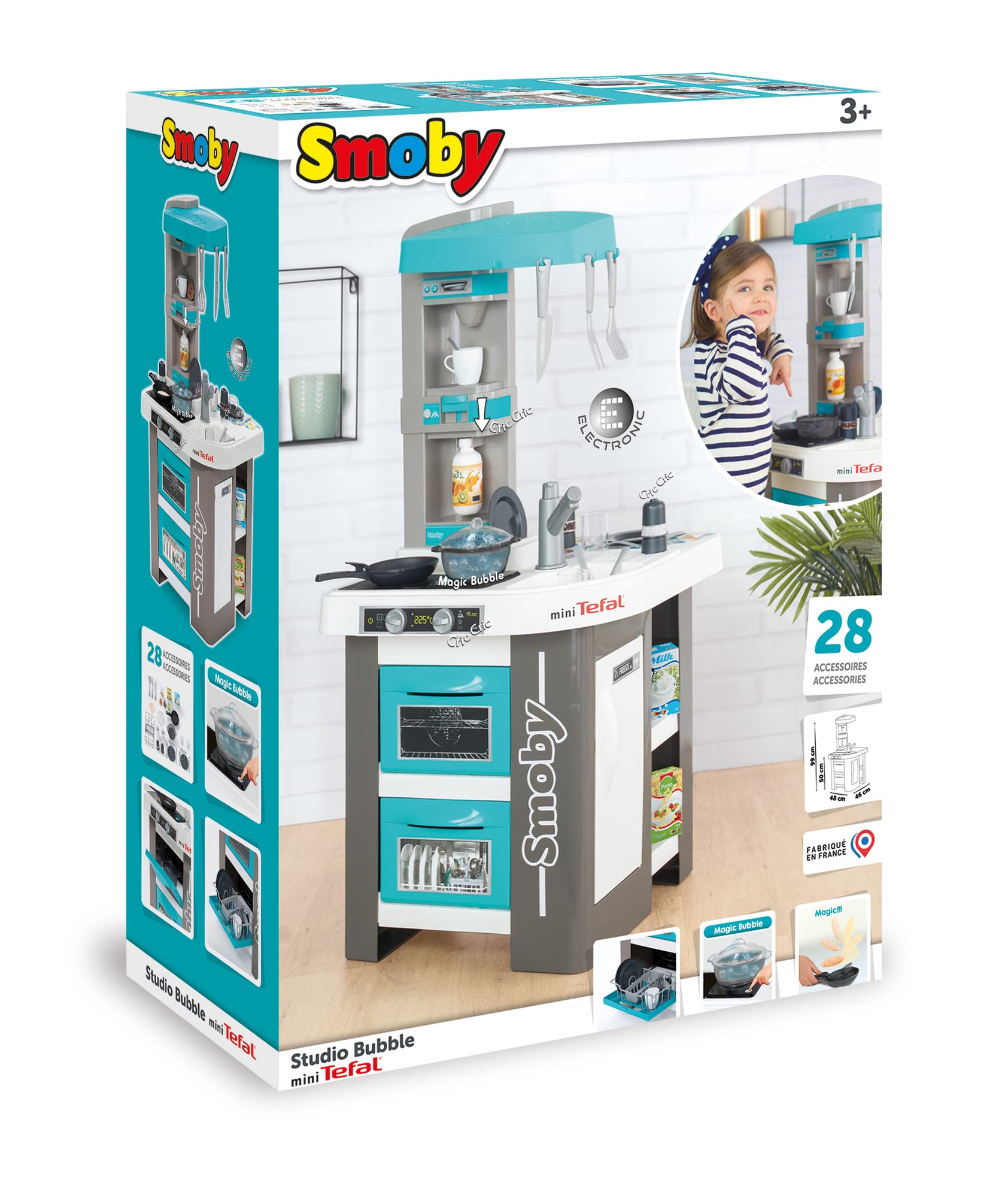 Smoby - Tefal Studio Bubble Küche – Spielküche für Kinder mit vielen Funktionen, Töpfen, Pfannen, Küchenbesteck, Herd, Ofen, für Kinder ab 3 Jahren