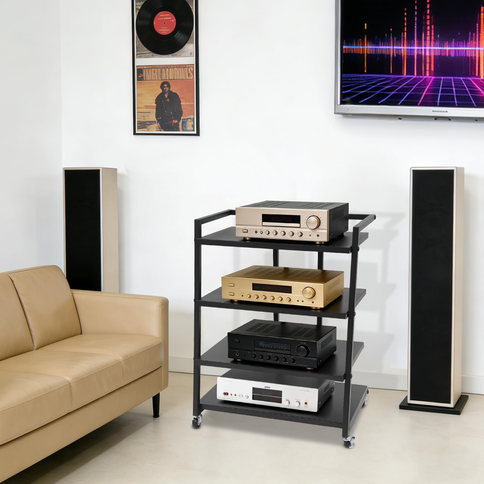 Scaffale HiFi a 4 livelli in metallo con ruote, per giradischi, impianti stereo, stoccaggio di dischi in vinile, versatile come scaffale HiFi o scaffale d'appoggio, 60 x 52 x 85 cm