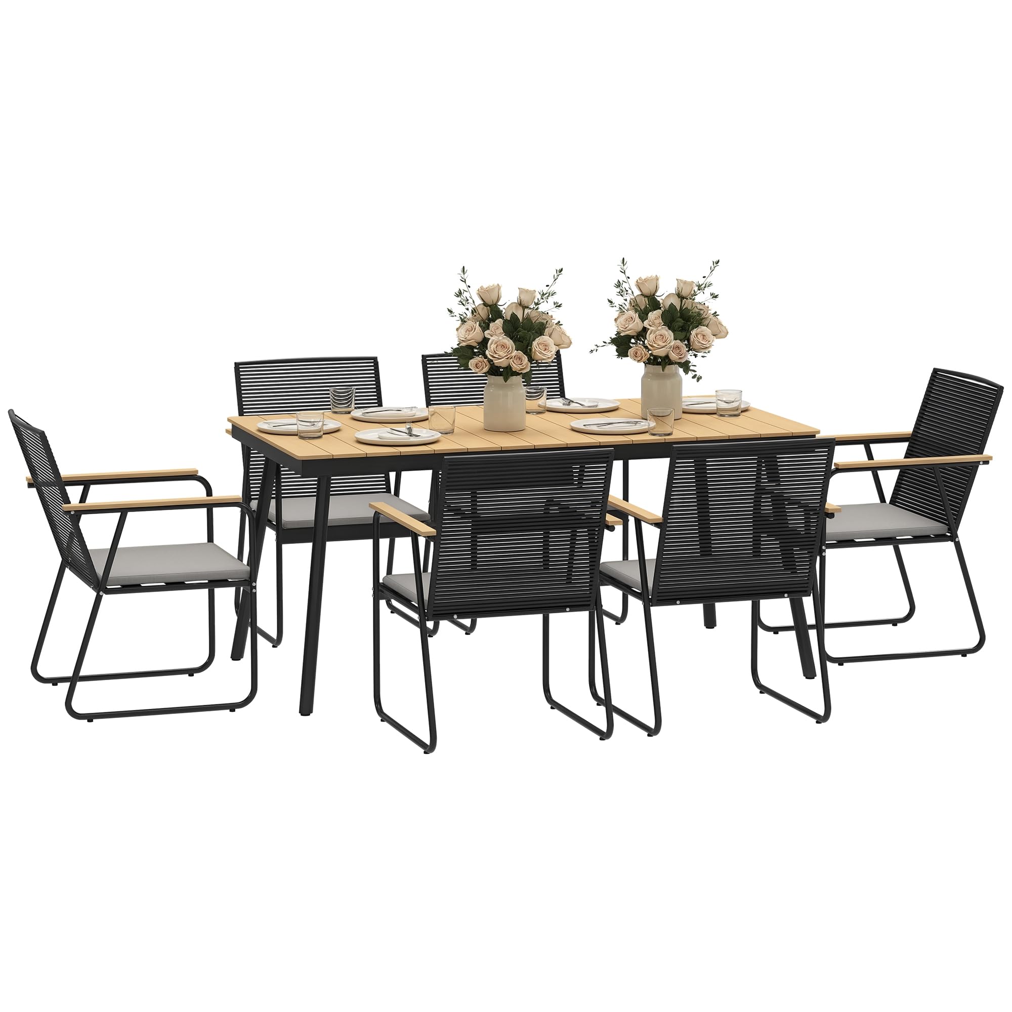 Outsunny Sitzgruppe 7-TLG. Metall Essgruppe 6Per. Gartenmöbel-Set Naturholz | Esstisch, Tisch mit 6 Stühlen, Esszimmergruppe, Küchentisch-Set mit Metallgestell, Balkonmöbel