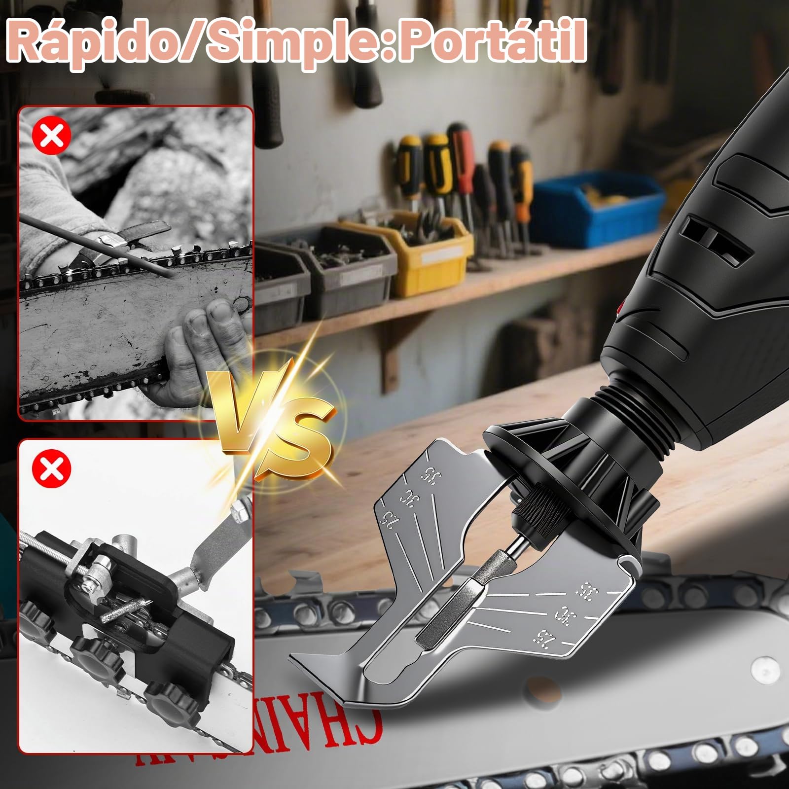 Afilador Eléctrico para Motosierras con Batería 1300 mAh, 9 Cabezales | Afilador de Motosierras Inalámbrico, Cabezal de Aleación, Guía Angular, Portátil con USB