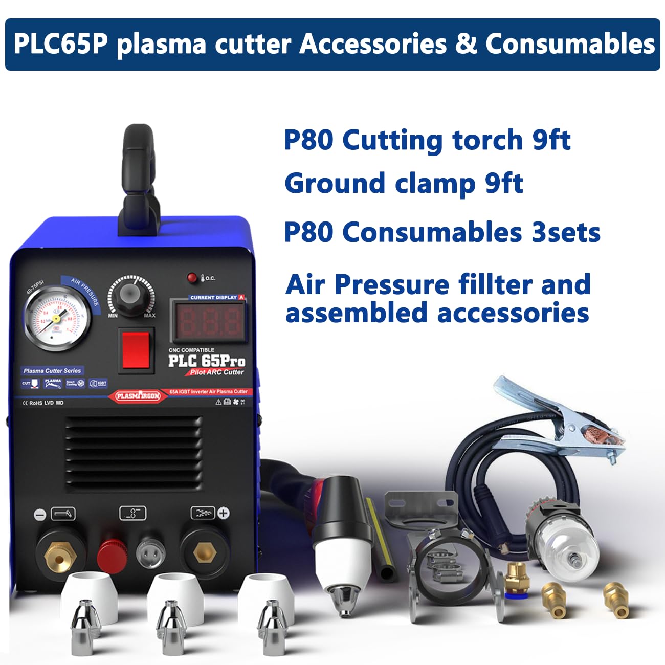 Pilot Arc Plasma Cutter PLC65P 65A Máquina de corte de plasma Dula Voltaje 110/220V Tecnología IGBT Cortador de plasma no táctil P80 Touch 3/5 Clean Cut