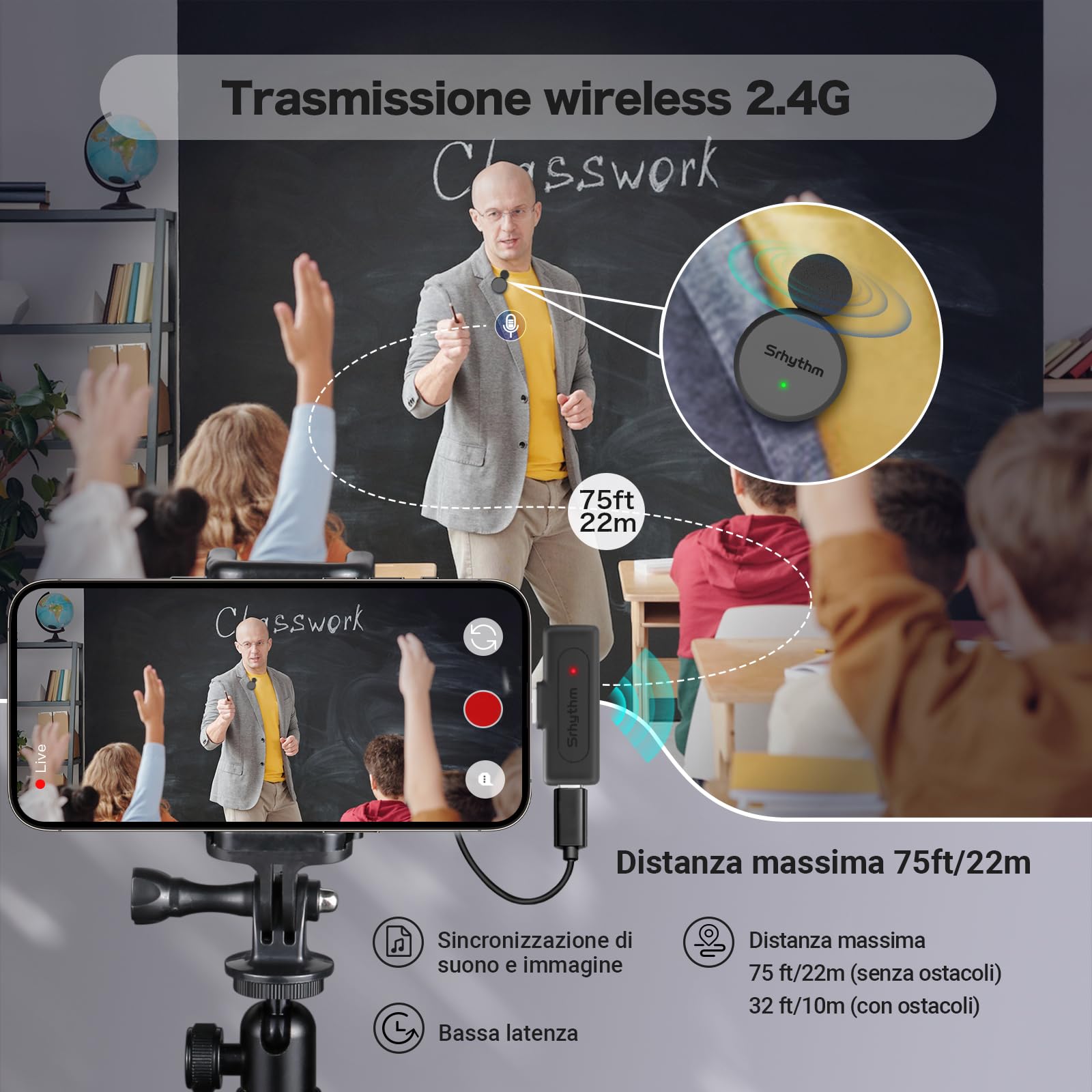 Microfono Lavalier Wireless Srhythm M1 - Con Cancellazione Rumore, USB-C, 10 Ore Di Autonomia - Foto 6