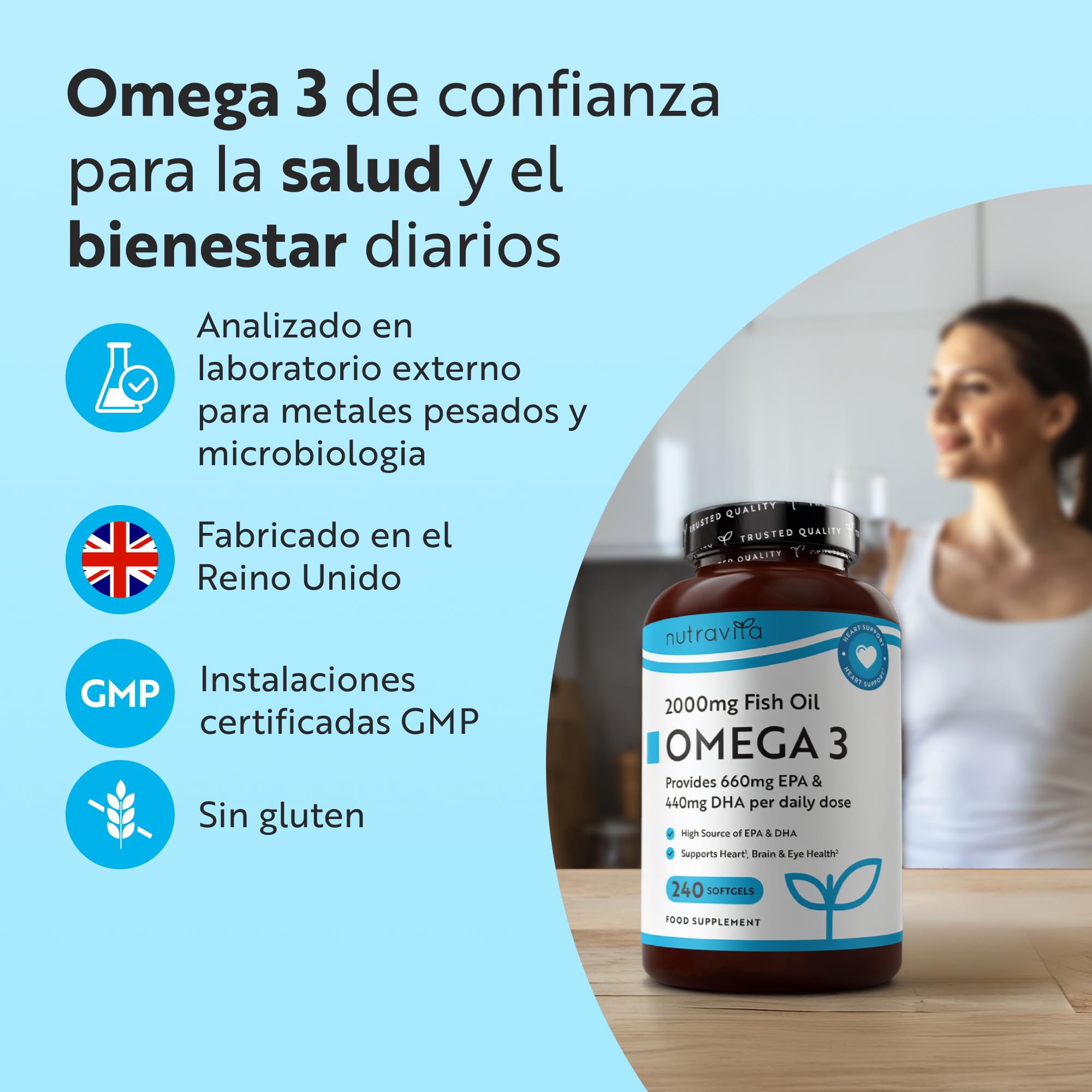 Nutravita Omega 3 2000mg - con 660mg EPA y 440mg DHA - 240 Cápsulas Blandas (8 Meses) - para Corazòn, Función Cerebral & Visiòn (EFSA) Omega 3 Capsulas - Omega3 Suplementos para Hombres & Mujeres