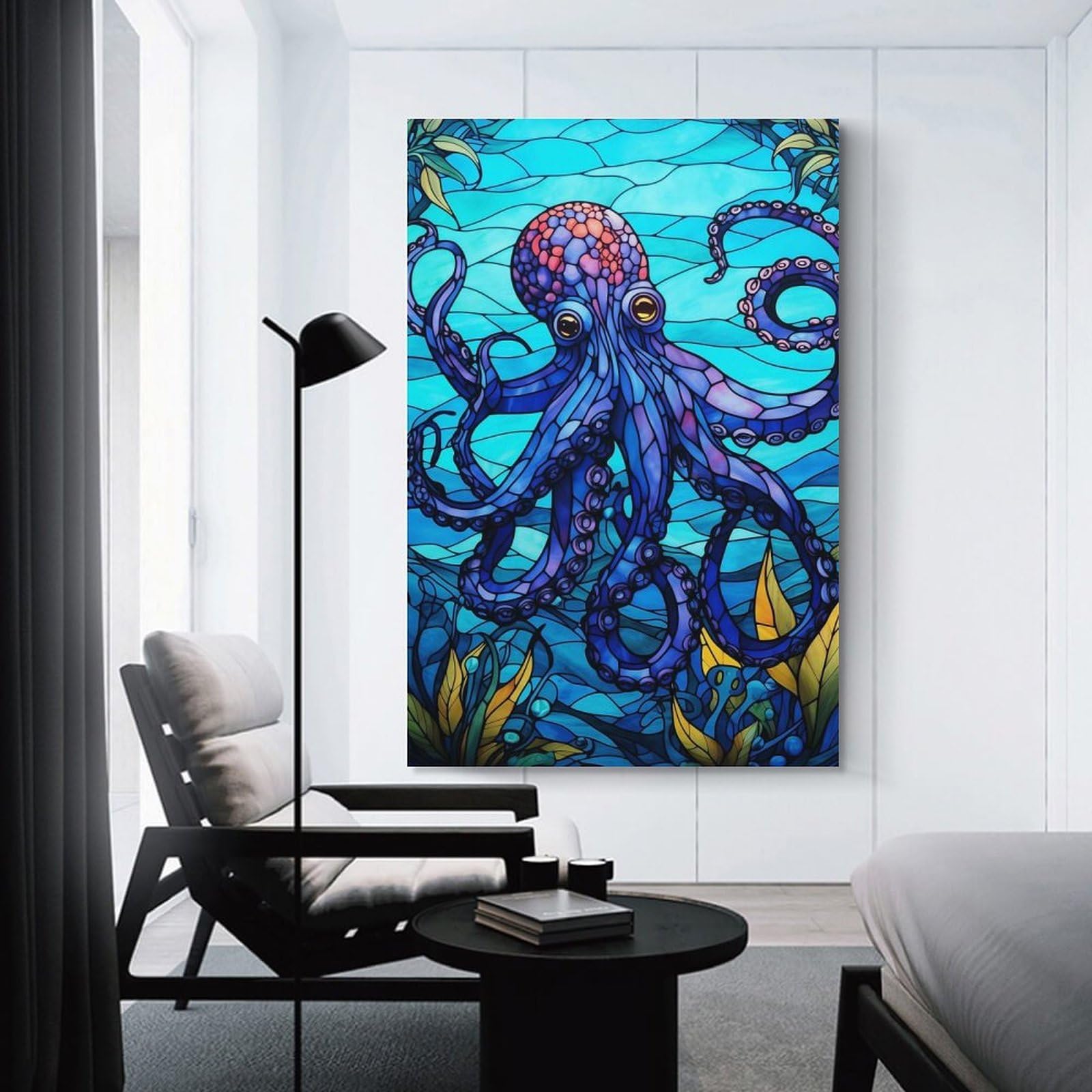 Junmoney Unframe-Style-4 Canvas Wall Picture Octopus Sea Stained Glass, 20X30inch(50X75cm), For Bedroom, Lounge Or Dressing Area, Stylish Decor For A Restful Room Update
