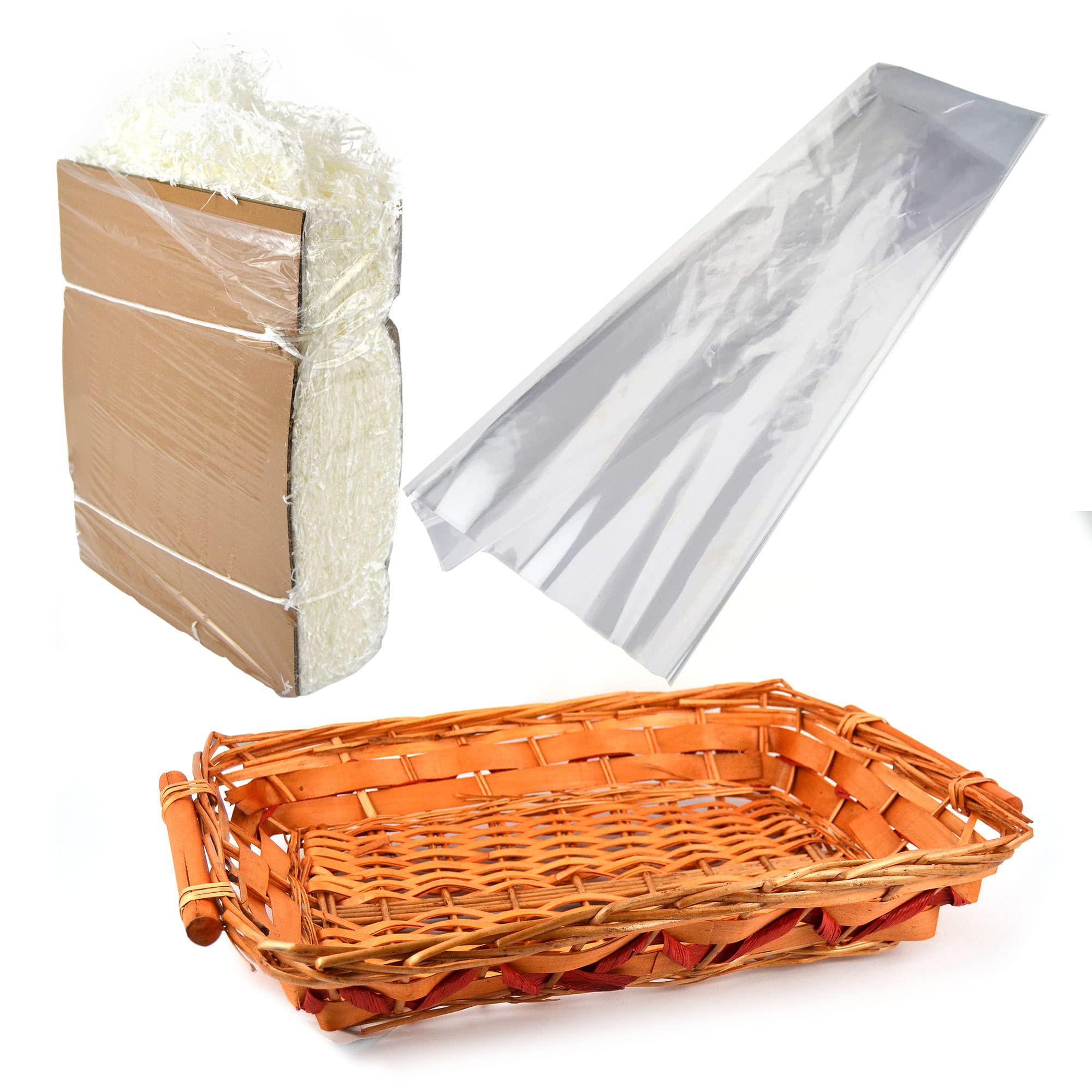 Kit de Navidad 4 cestas 54 x 37 cm x 10 cm de mimbre marrón y rojo + 4 kg de paja papel blanco + 8 hojas transparentes brillantes 100 x 130 cm