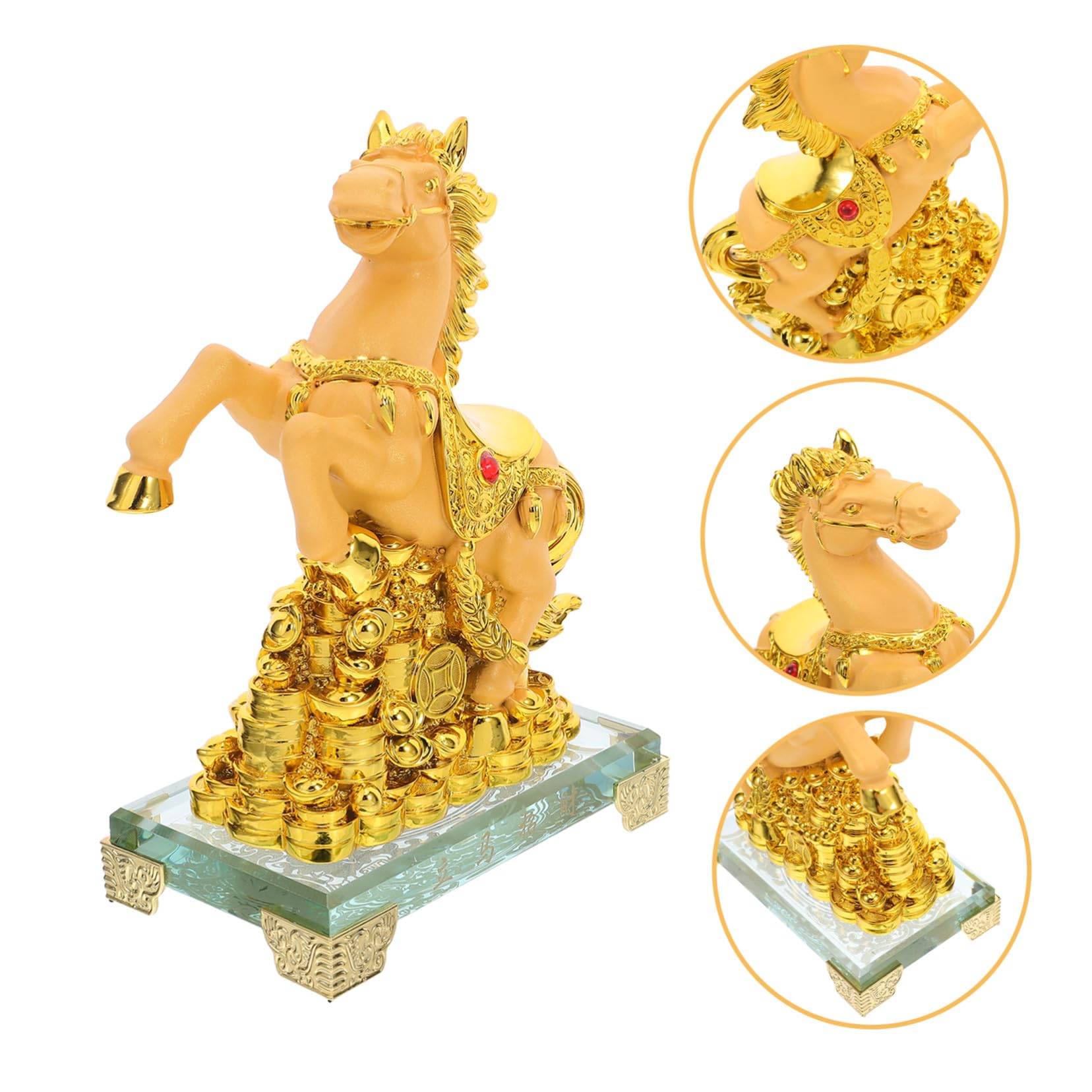 Złota Rzeźba Konia z Żywicy Stojąca Figurka Biurko i Półkę Dekoracja Do Salonu i Biura Kolekcjonerski Ornament Chińskiego Zodiaku