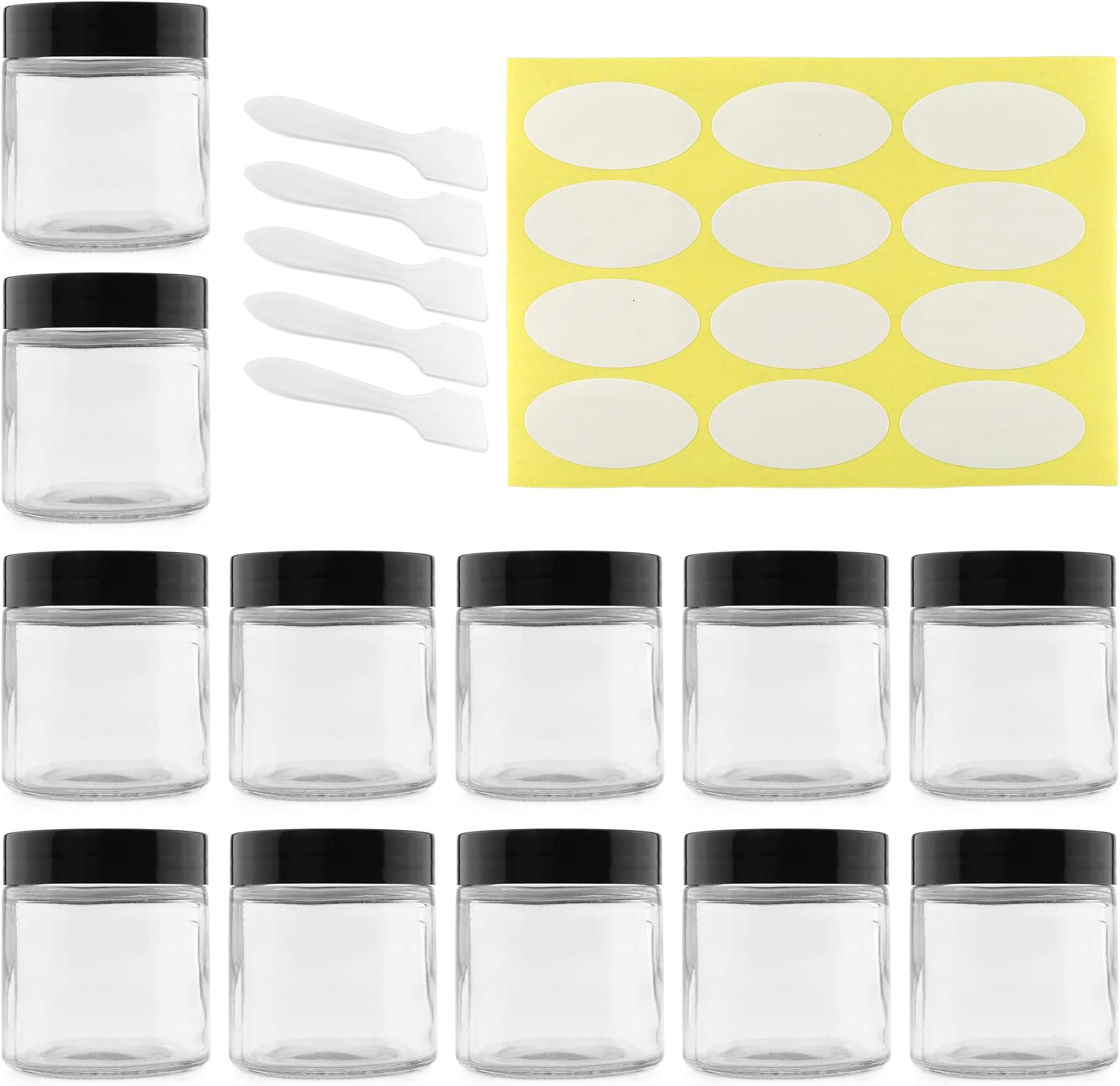 Cornucopia Brands 4-Ounce Clear Glass Jars (Pack of 12) Straight-Sided Containers for Cosmetics and Food Storage with Spatulas and Labels