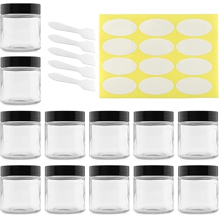 Cornucopia 4-Ounce Clear Glass Jars (12-Pack); Straight-Sided Containers for Cosmetics and Food Storage with Spatulas and Labels