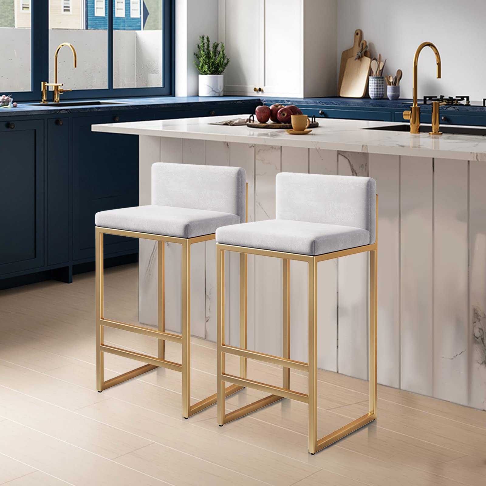 Lot de 3 tabourets de Bar de Cuisine, tabourets de comptoir en Velours, Chaise de Bar rembourrée avec Dossier et Repose-Pieds pour la Maison, la Cuisine, la Salle à Manger, Blanc, 65 cm