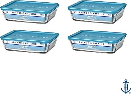 Miniatura 6 de Anchor Hocking SnugFitTM - Recipientes rectangulares de almacenamiento de alimentos con tapas (4 piezas, 6 tazas, verde azulado, aptos para horno)