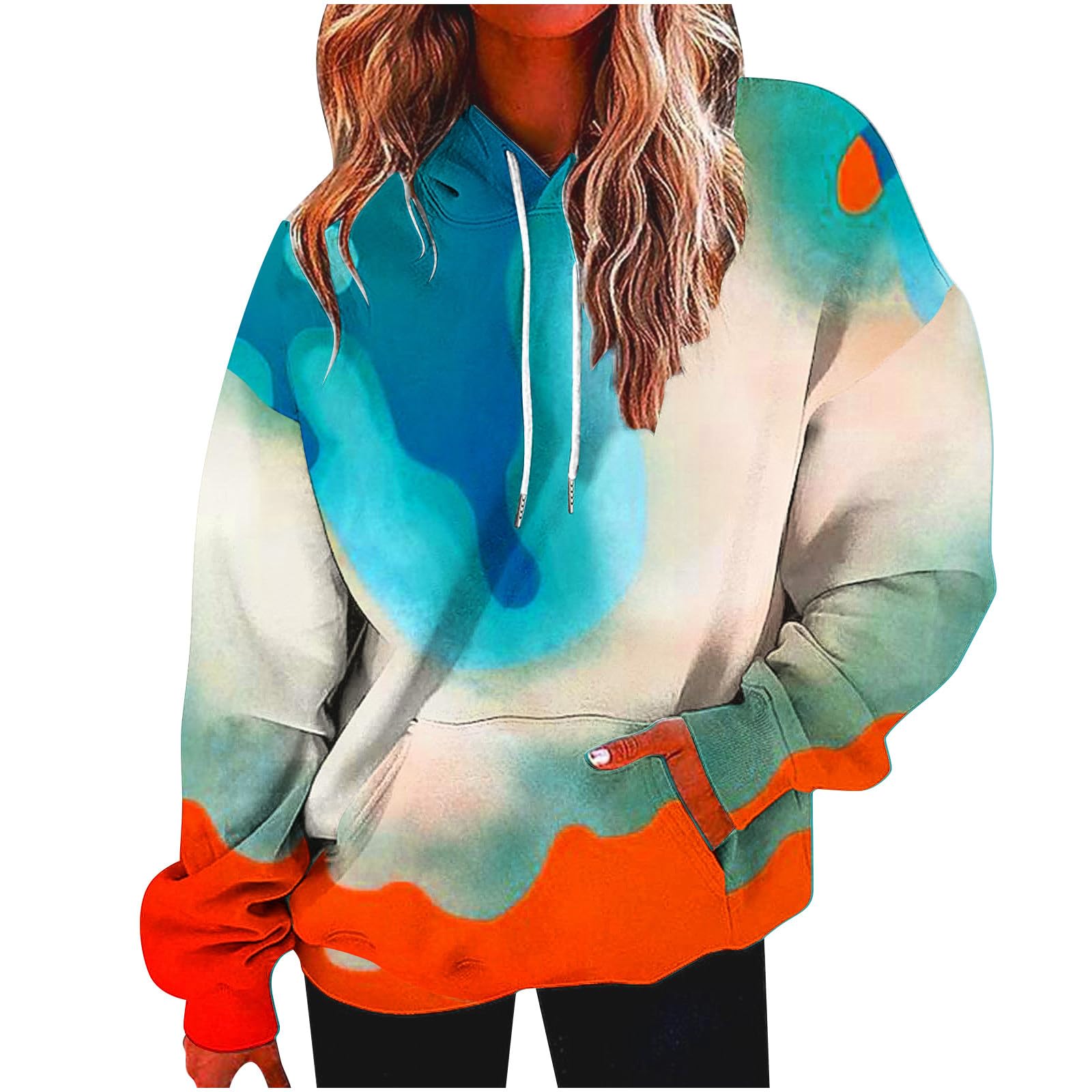 DOLKFU Women's Oversized Long Sleeve Casual Hooded Sweatshirts Drawstring Fashion Tie Dye Pullover Casual Sweatshirts