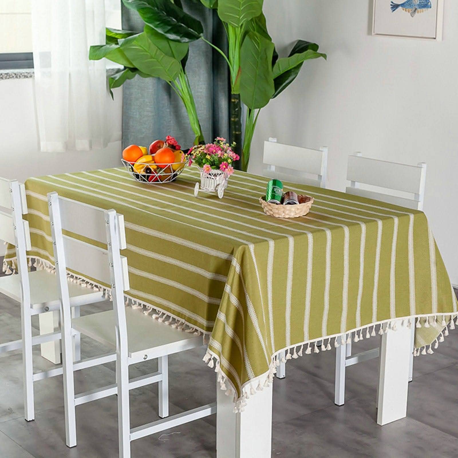 Obrus dekoracyjny obrus piknikowy obrus na stół w paski lniany obrus do jadalni obrus na stół bawełna len groszek zielony dekoracja stołu 140 x 230 cm