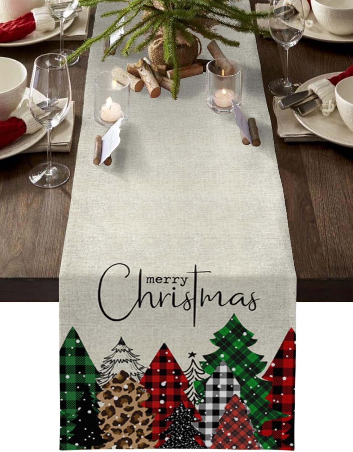 Christmas Table Runner 13x120 Inches Long Green Red Buffalo Plaid Runner for Table Xmas Tree Snowflake Table Runners Cotton Linen Dresser Scarf for Kitchen Coffee Dining Xmas Holiday Party Decor