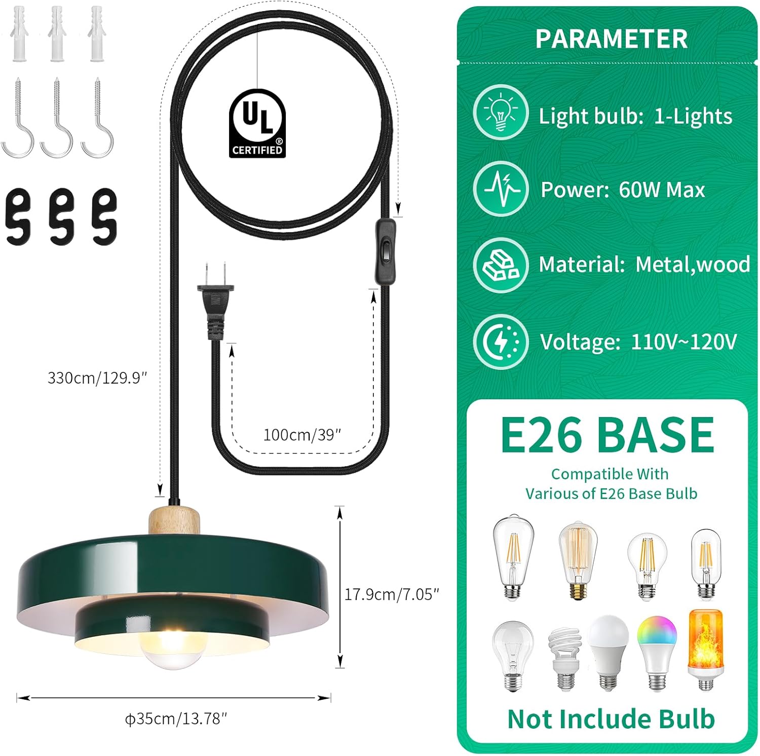 Mid Century Modern Plug in Pendant Lamp Green Nordic Plug in Pendant Light 1 Lihgt Movable Industrial Light with 13“Metal Shade Ceiling Hanging Light Fixtures for Dining Table Kitchen Island