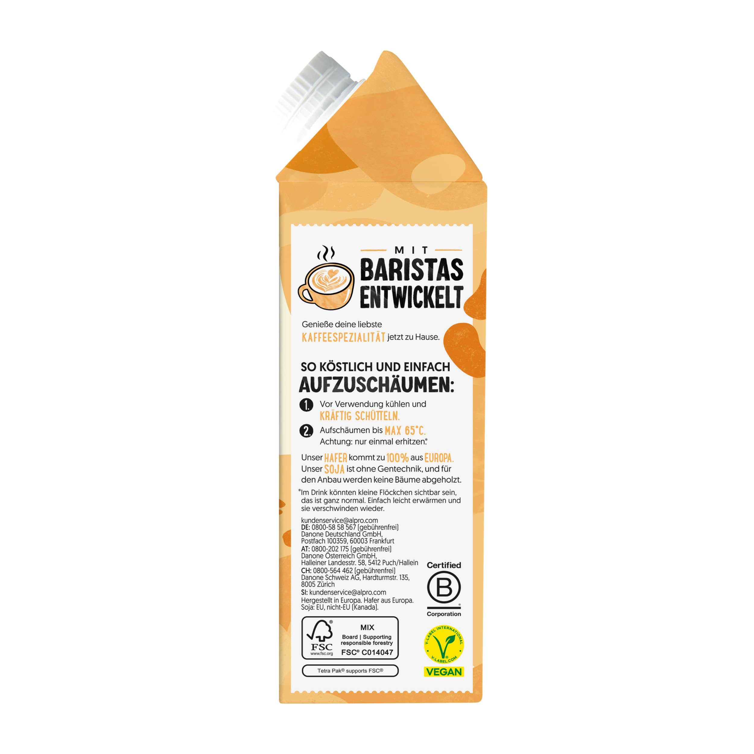 Alpro Barista Vanille – Zum Aufschäumen – Von Natur aus laktosefrei – Reich an Ballaststoffen, Calcium und Vitaminen – 8 x 750 ml – Haltbar