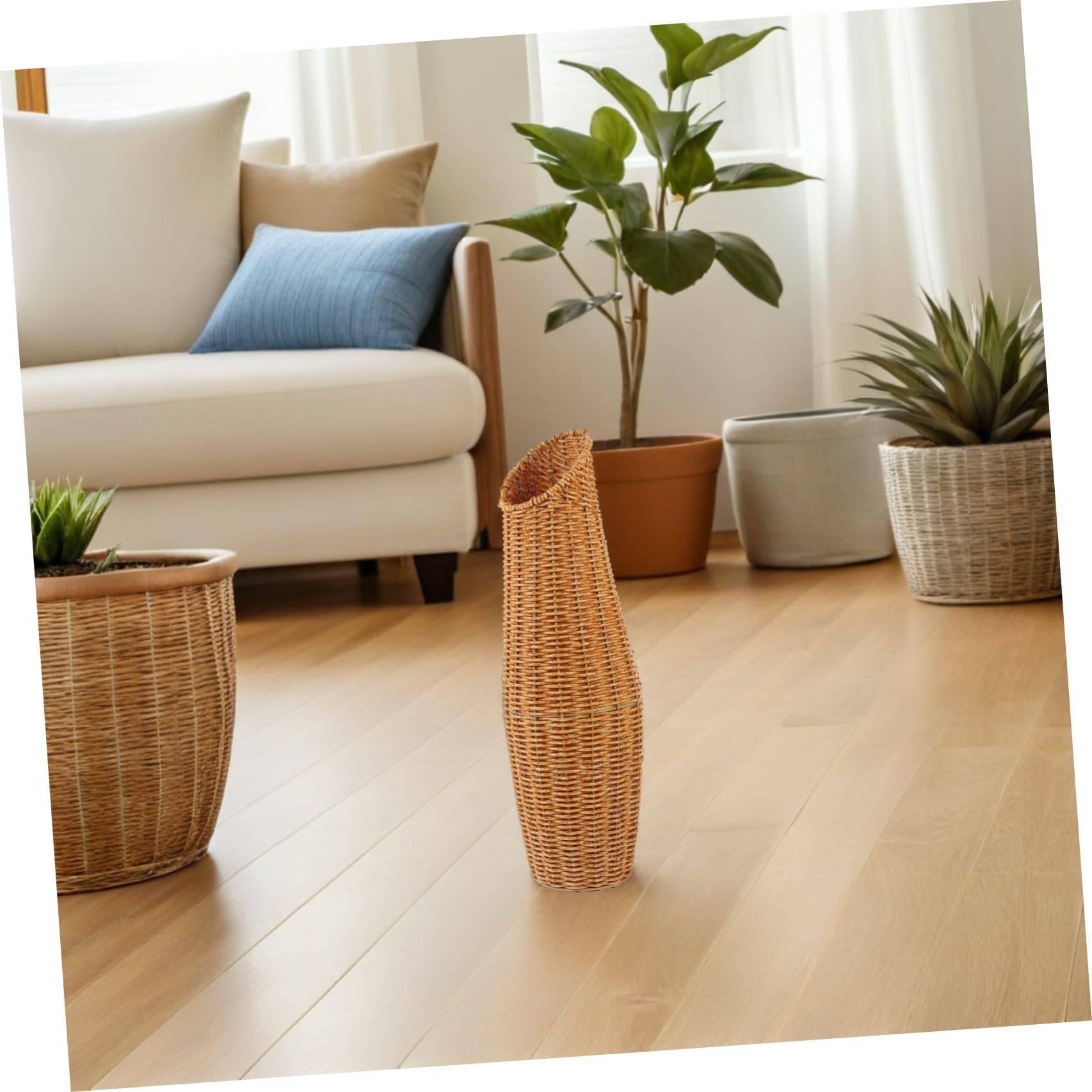 Jarrón de Suelo Alto de Ratán Sintético Tejido, 2 Piezas, Ligero y Decorativo para Flores Secas y Artificiales, Adecuado Entrada Hogar