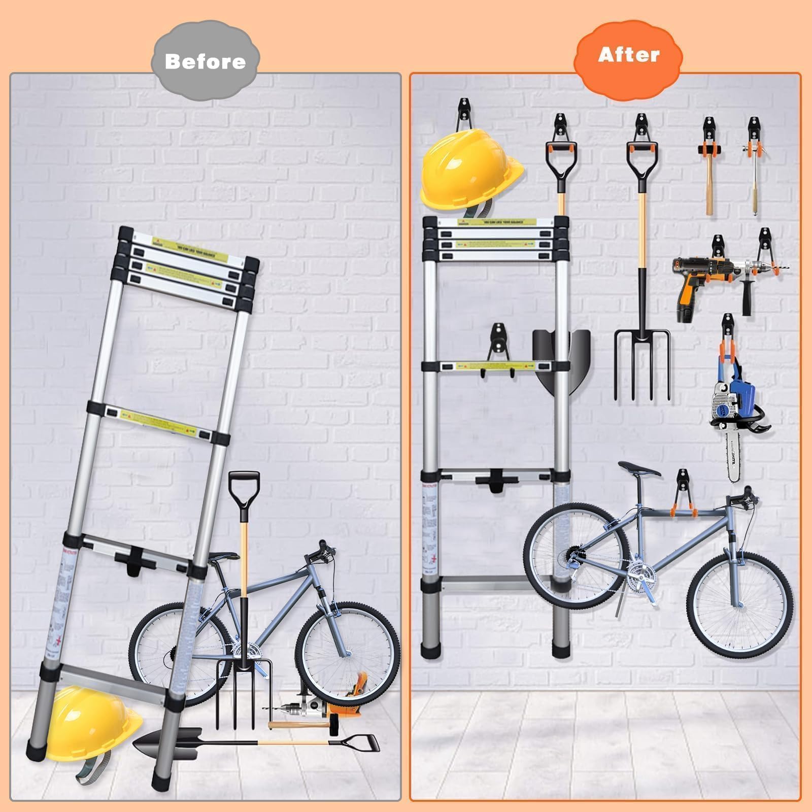 32 Pack Garage Hooks, Heavy Duty Steel Tool Hanger&Organizer for Wall Mount Storage, Ladders, Bikes, Power Tools, Utility Steel Garden Tool Organizer with Anti-Slip Coating (32pcs - Orange)