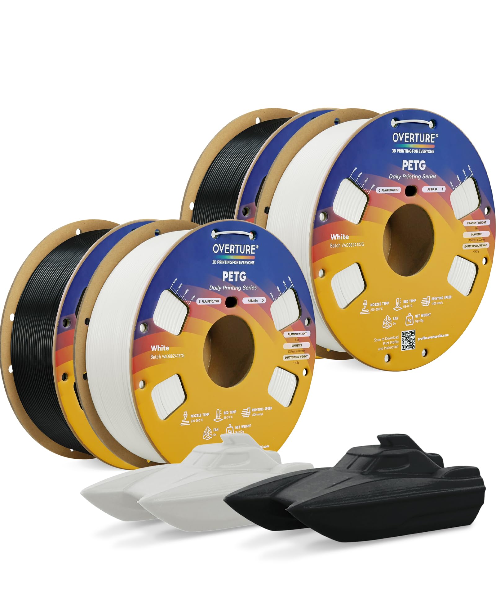 OVERTURE Filamento PETG 1.75mm, 4kg Bobina(8.8lbs), Neatly Wound Rapido PETG Filament per Stampante 3D(Nero 1kg*2+Bianco 1kg*2)