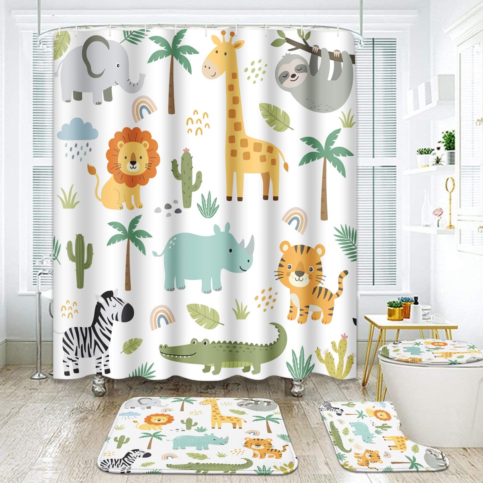 Cute Hippo Crocodile Bathroom Set with Shower Curtain and Rugs Accessories Lion Elephant Giraffe Shower Curtain Set Childish Colorful Bathroom Decor 4 Pcs