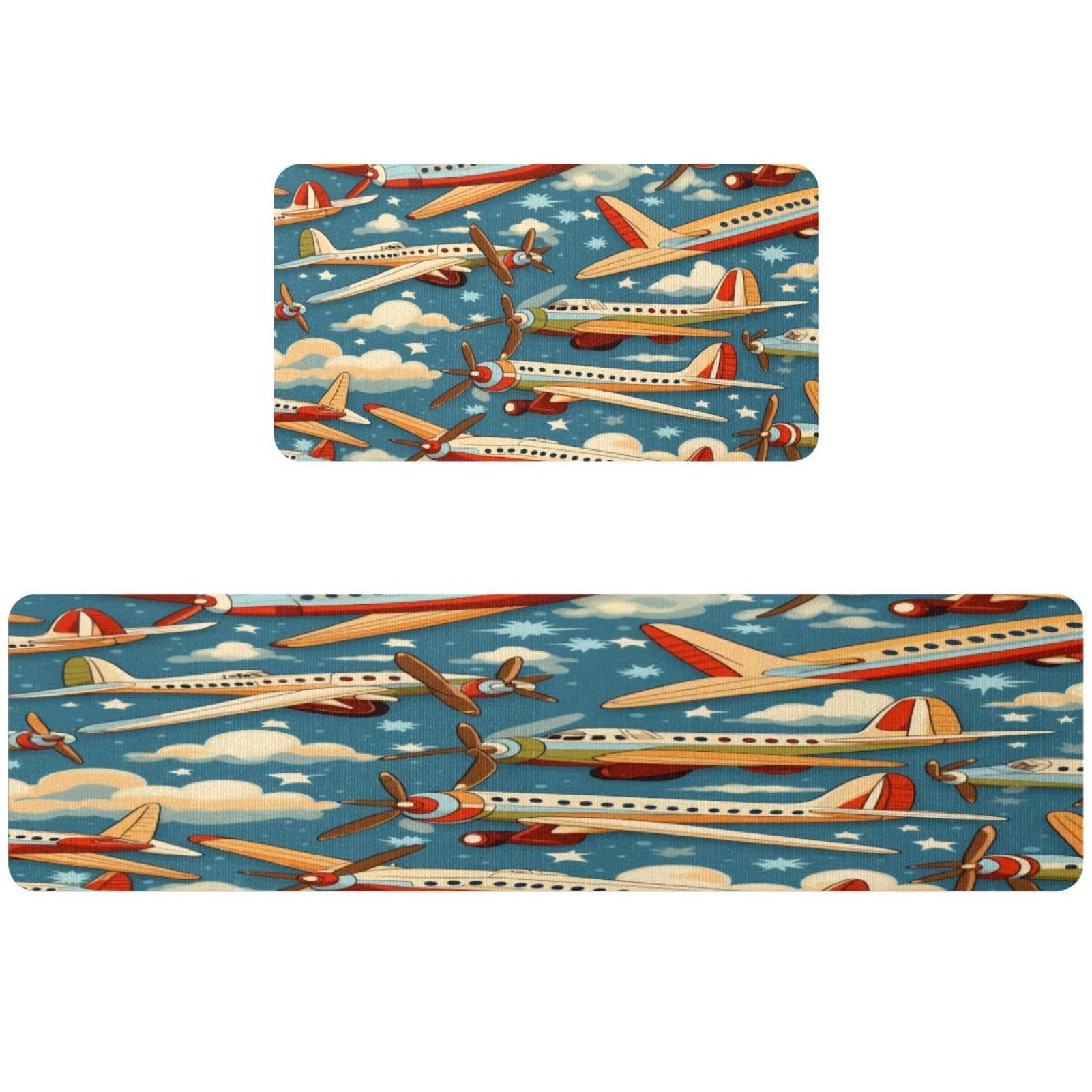 2 alfombrillas de cocina VAPOKF con patrón de aviones vintage lavables