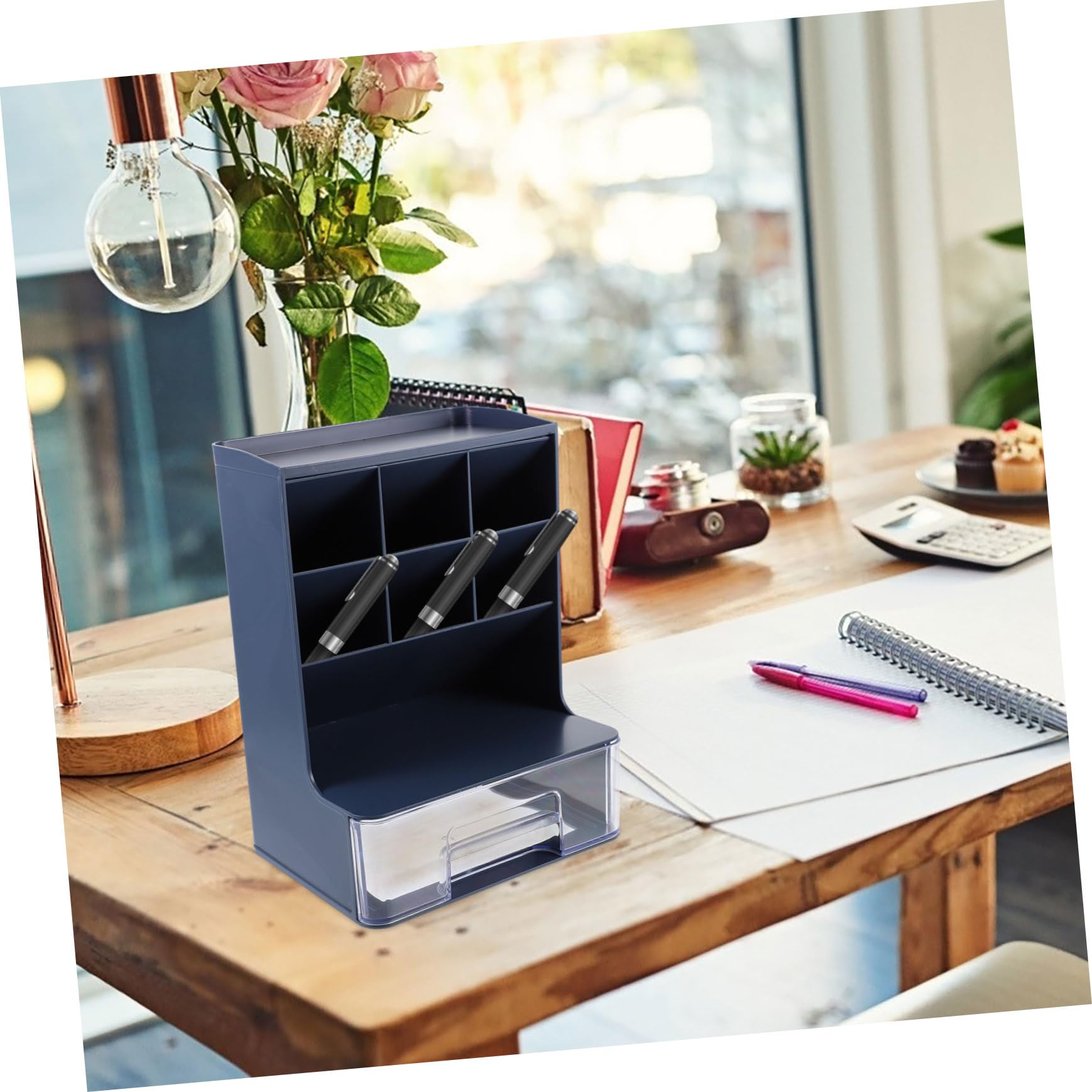 Portalápices Multifuncional Organizador De Escritorio Pequeño Plástico Azul Oscuro Cajón Transparente Para Oficina Estudio y Hogar