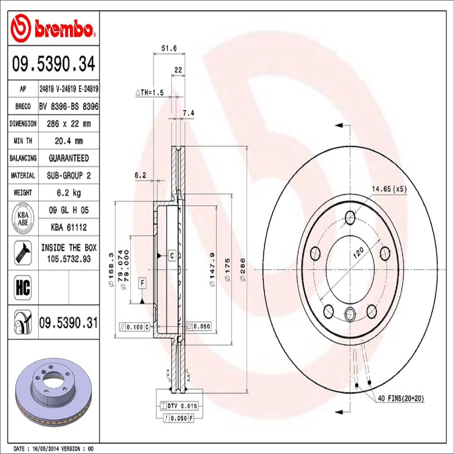 Brembo 09.5390.31 - Disque du Frein Avant avec revêtement anti-corrosion UV - Jeu de 2 disques