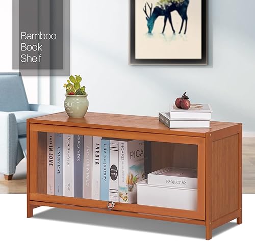 Miniatura 18 de MoNiBloom Estantería de 4 niveles con puertas acrílicas, estante organizador de bambú para ahorrar espacio para estudiantes de niños, dormitorio,